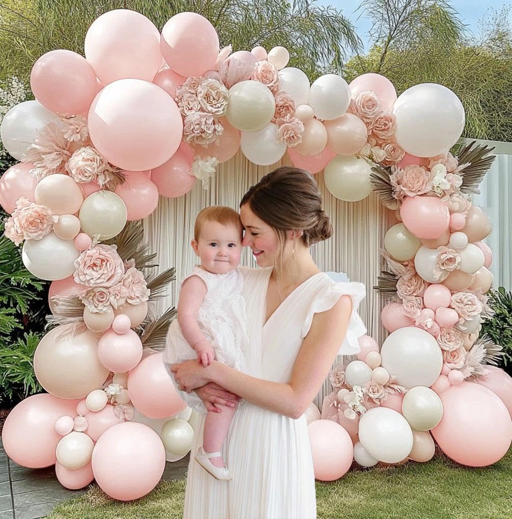 Pink White Balloon Garland Double Stuffed Peach Balloons Cream Beige Pastel Pink Balloon Arch Kit Pearl Sand White Balloons for Baby Shower Birthday Wedding Anniversary Party Decoration