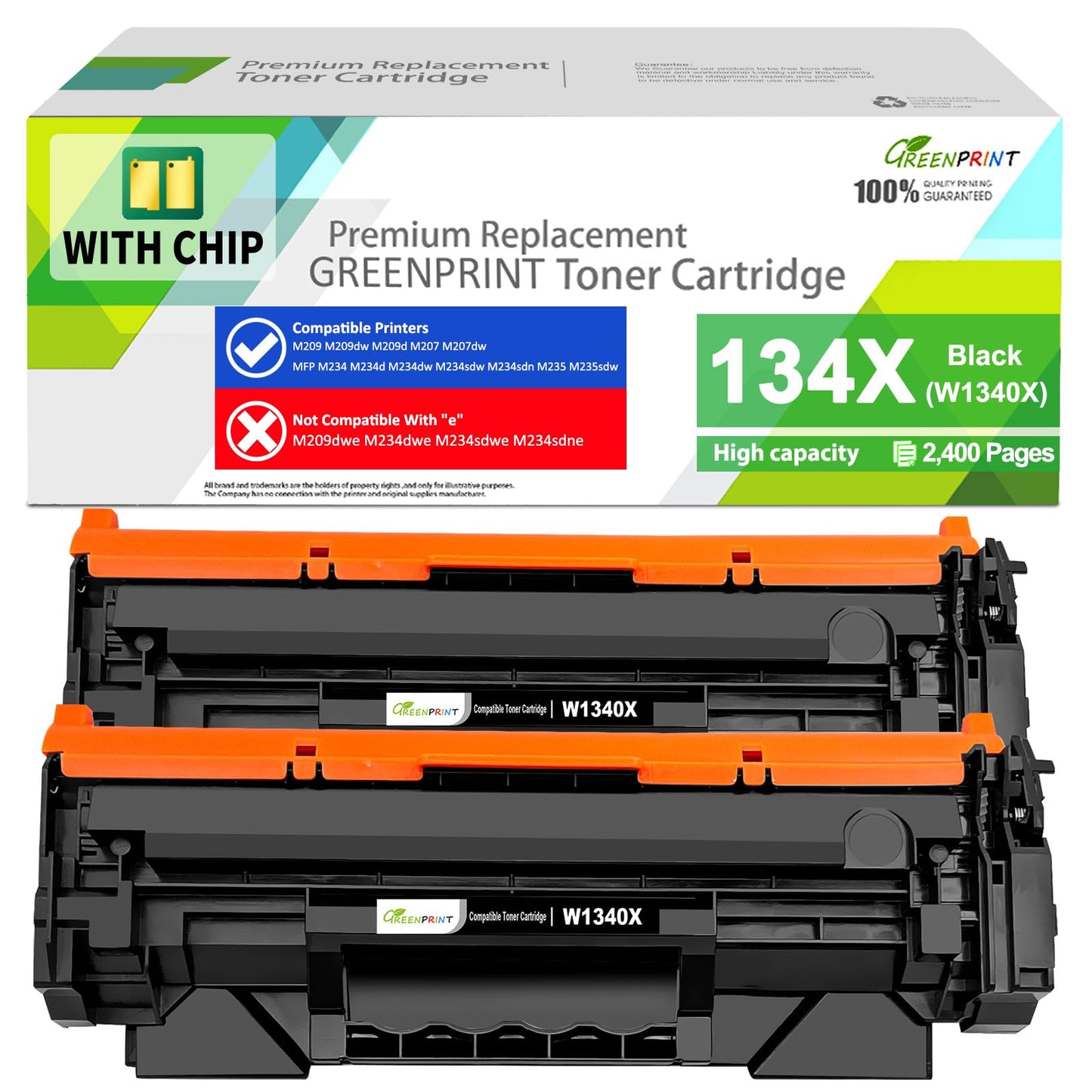 [ with CHIP] Compatible Toner Cartridges 134X W1340X (134A W1340A) 2 Black High Yield 2400 Page for H P M207dw M209 M209d M209dw M234 M234dw M234sdw M234sdn M235sdw，Can't Work with H P+ End with “e”