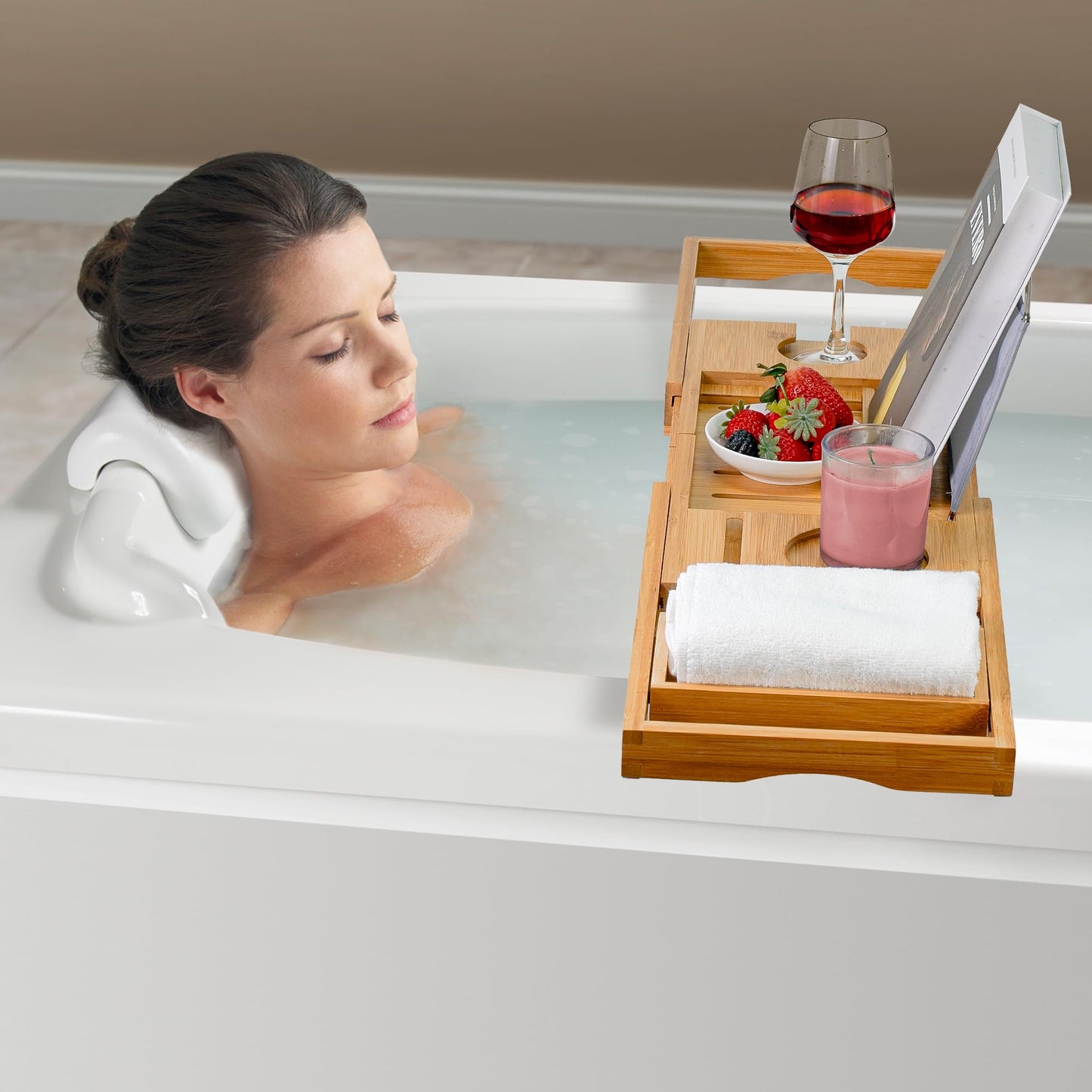 Utoplike Bathtub Caddy Tray, Bamboo Tub Tray with Sliding Towel Holder, Bath Table with Book Holder, Phone Stand and Adjustable Book Reading Rack, Tablet Slots