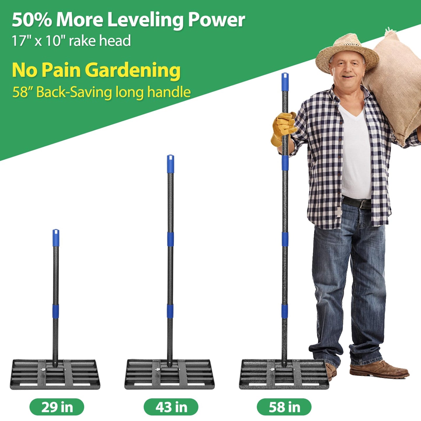 Rake, Lawn Leveling Rake with Round Edge, 5 FT Lawn Leveler with 17 x 10 Small Rakes Head for Smooth Garss Soil Dirt Sand, High Effect Long Handle Ground Leveling Tool for Yard Garden, No Flip