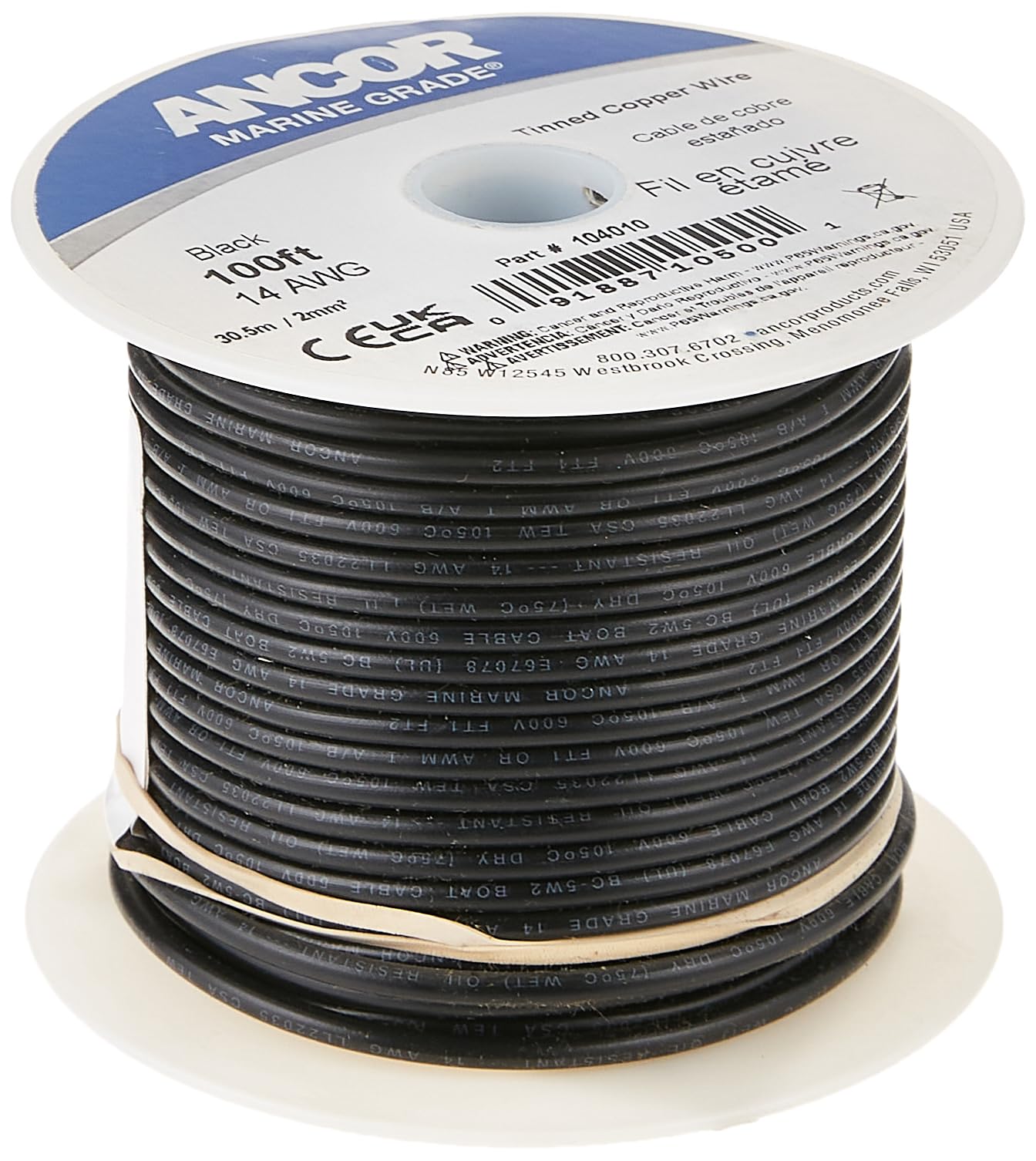 Ancor 104010 Tinned Copper Wire, 14 AWG (2mm2), Black - 100ft