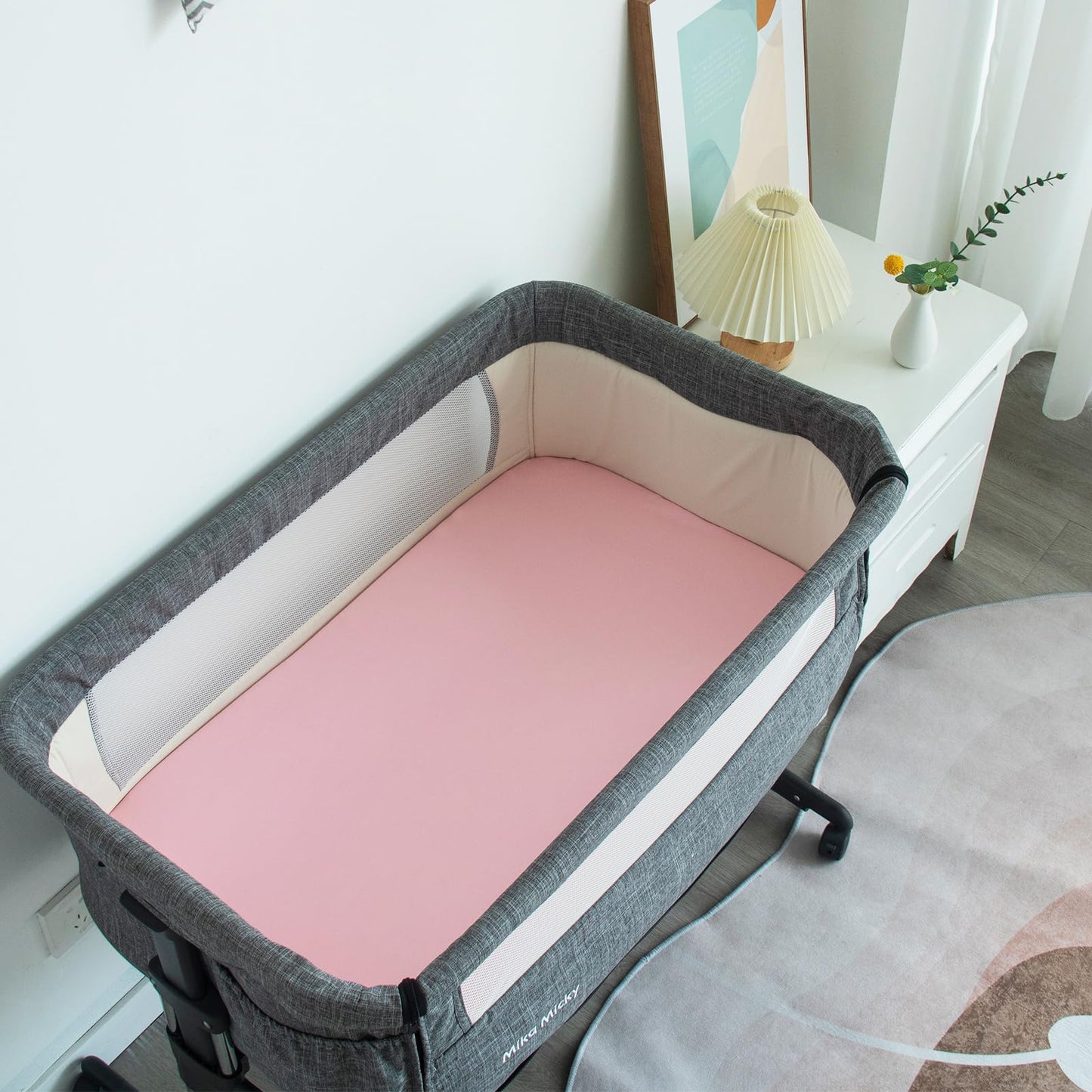 Bassinet Sheet(33" x 20"), 4 Pack for Most Bedside Sleeper Bassinet, Bassinet Fitted Sheets, Breathable & Soft Microfiber, Grey/Pink
