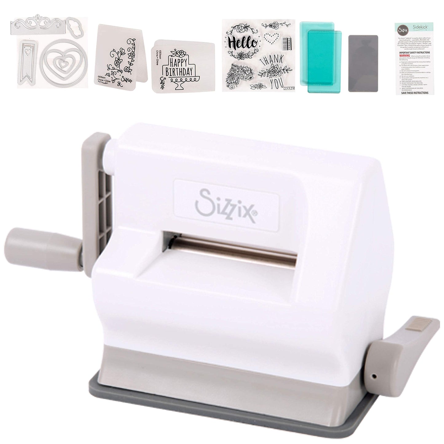 Sizzix 661770 Sidekick Starter Kit - White and Gray with Aqua Cutting Plates, Embossing Pad, Embossing Folders, Dies and Stamps-Item, White/Gray, 6.35 cm" Opening