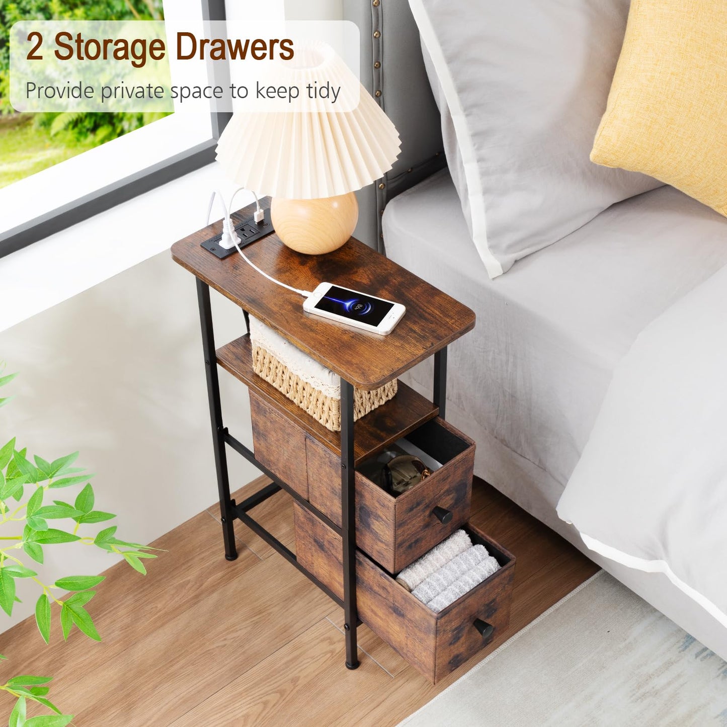 LOAKEKEL Narrow End Table with Charging Station, Skinny Side Table with 2 Fabric Drawers, Slim Nightstand for Living Room, Bedroom, Couch, Small Spaces, Rustic Brown, HETNDP02PBR-1