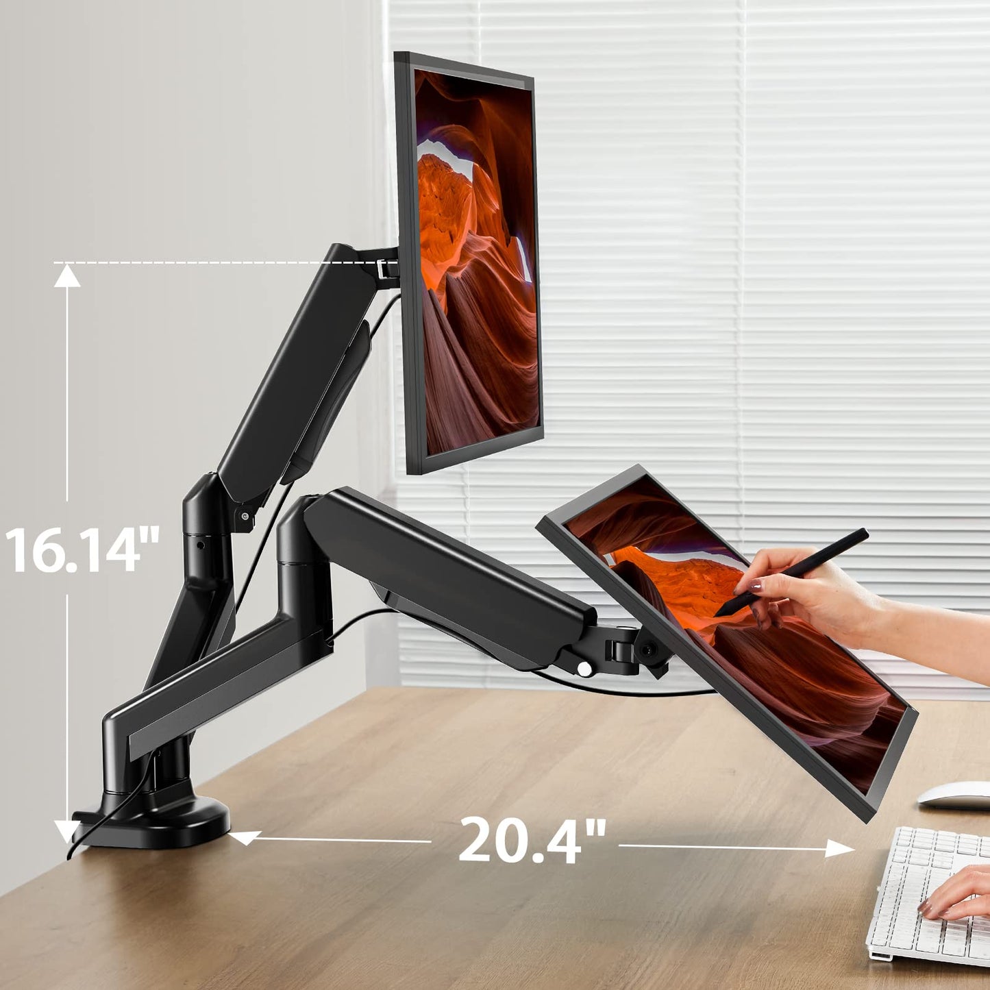 HUANUO Dual Arm Monitor Stand——Adjustable Gaming Desk Mount for 13"-30" Screens, VESA Bracket with C Clamp/Grommet Base, Supports Up to 19.8lbs per Arm