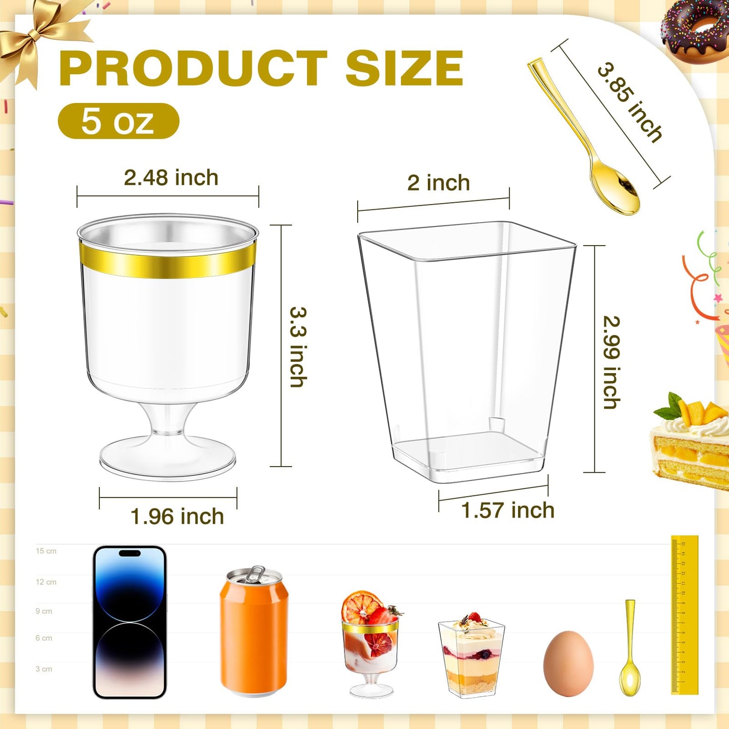 Mwellewm 300Pcs Dessert Cups 5 OZ Parfait Cups Small Plastic Desert Cups with Spoons Clear Mini Serving Shooter Cups Glasse Round Goblet with Gold Edge for Party Appetizer Fruit Ice Cream Cake Pudding