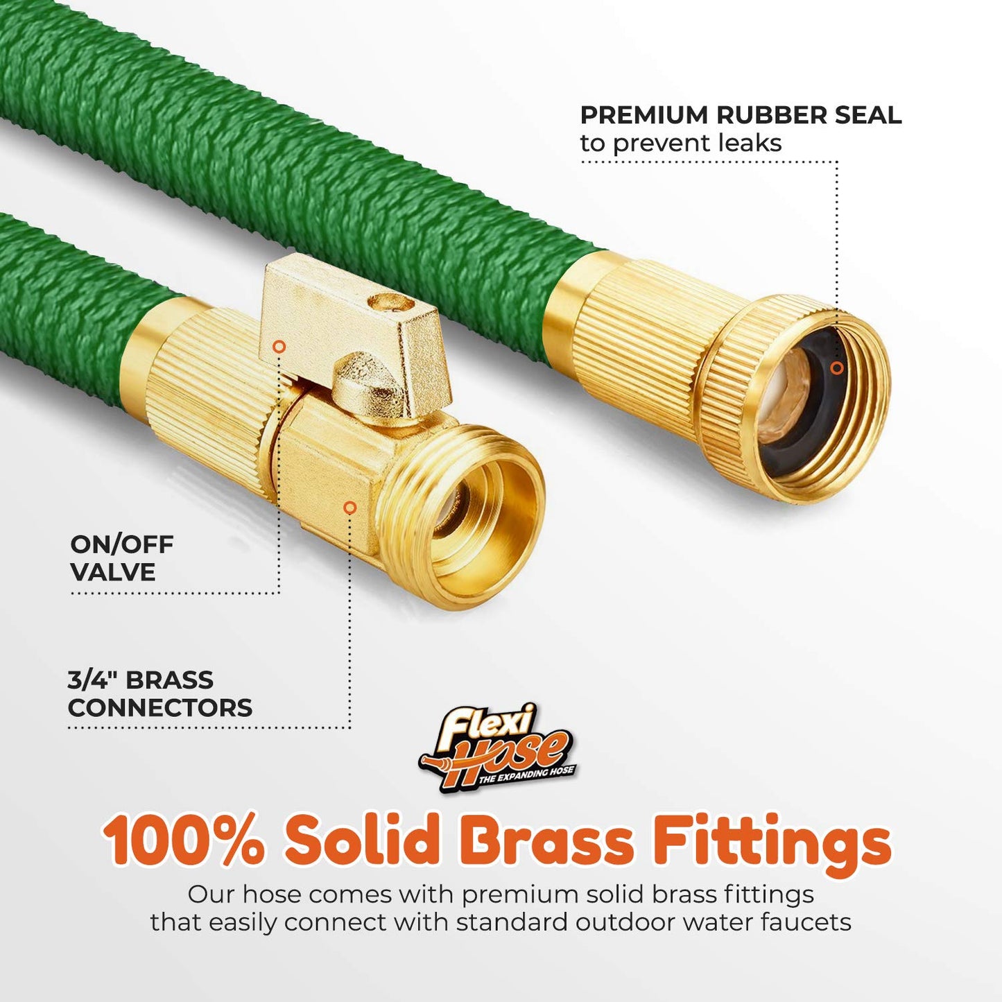 Flexi Hose Lightweight Expandable Garden Hose, No-Kink Flexibility, 3/4 Inch Solid Brass Fittings and Double Latex Core (50 FT, Green)