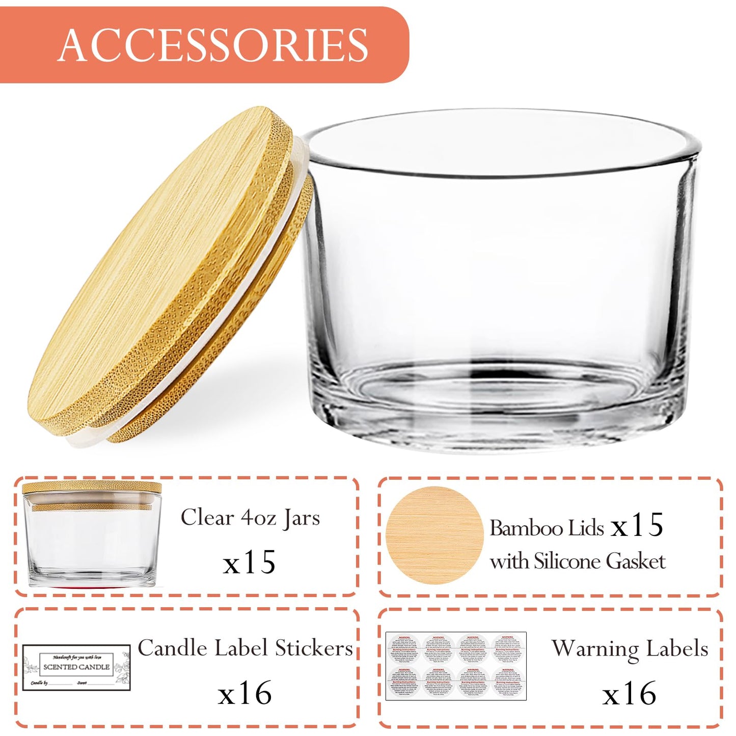 CONNOO 15 Pack 4oz Clear Glass Candle Jars with Bamboo Airtight Lids for Candle Making, Large Mouth Empty Small Jars with Labels