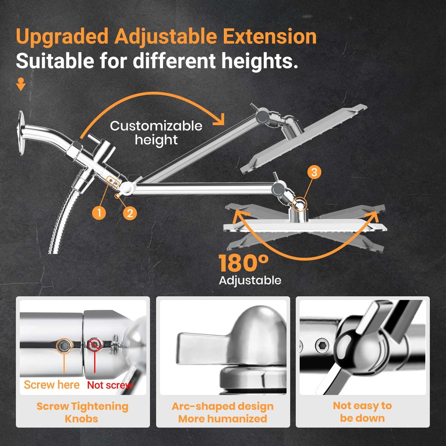COSYLAND 10'' Rainfall Shower Head with Handheld Combo High Pressure 3 Settings with 11'' Extension Arm 60" Hose, Chrome Finish Bath Shower Head, Height/Angle Adjustable,Chrome