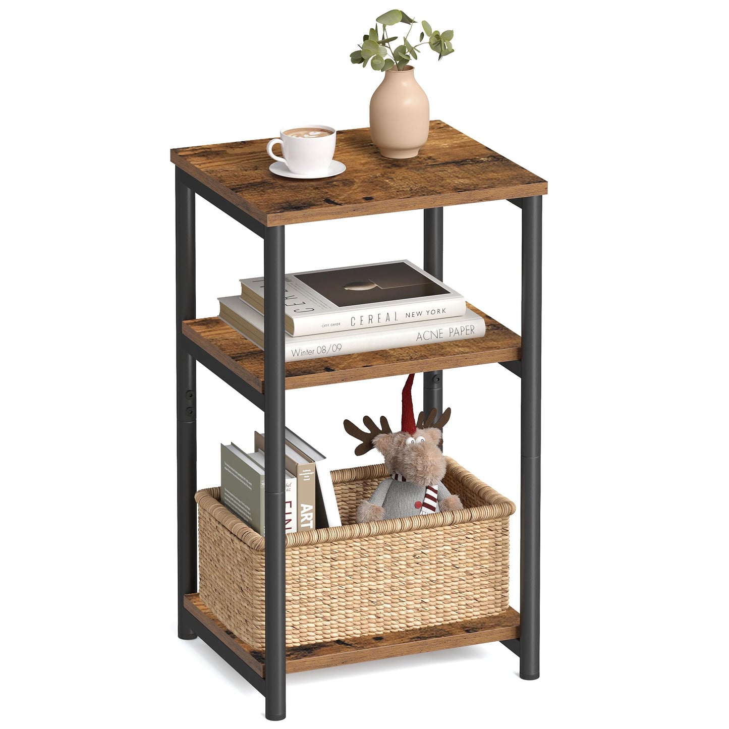 VASAGLE Side Table, End Table with Storage Shelves, 3-Tier Slim Tall Table, Rustic Brown ULET273B01