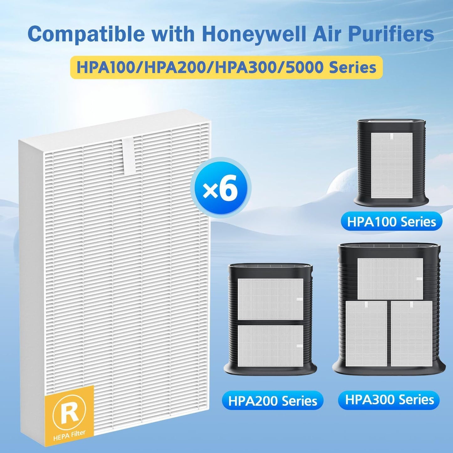 6 Pack HPA300 HEPA Replacement Filter R Compatible with Honeywell HPA300 Air Purifiers, Fits HPA300 HPA090, HPA200, HPA100 Series and HPA5300 Models HEPA Filter R, HRF-R1 HRF-R2 & HRF-R3