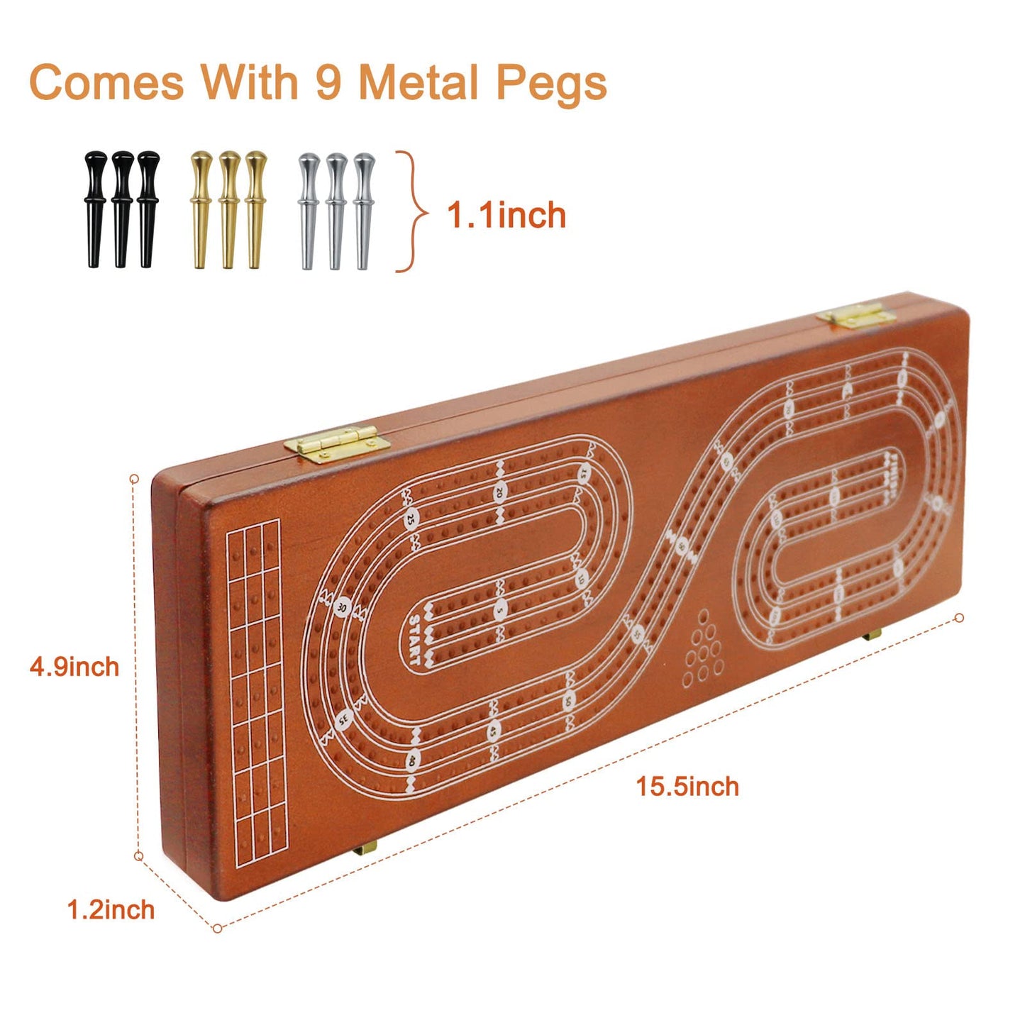 Cribbage Board 3 Tracks, Plusvivo Premium Solid Oak Crib Board with 9 Cribbage Pegs Metal & 2 Storage Area, 15.5" X 4.9" X 1.2" for Travel Foldable Cribbage Board Game…