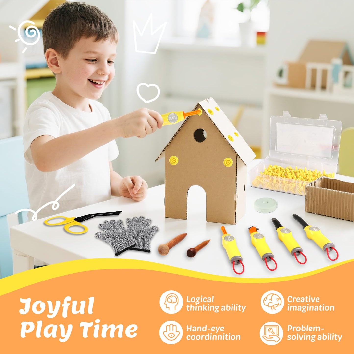 Cardboard Cutter Tools for Kids - 153 Pcs Kids Safe Cardboard Cutter with Saws, Fold-Roller, Cut Resistant Gloves, Tape Measure & More, Construction Toys Kit for 5+ Boys and Girls