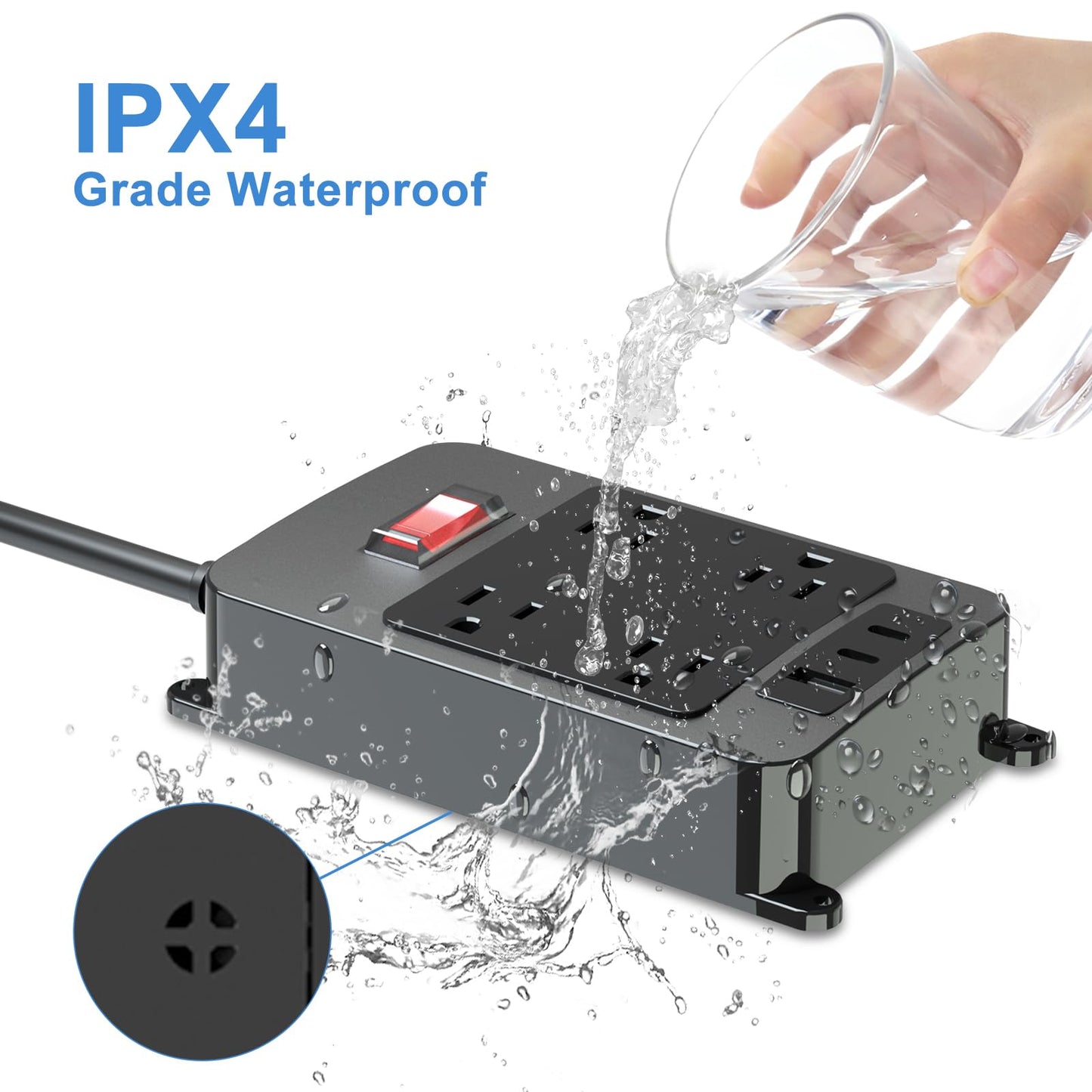 Outdoor Power Bar Waterproof with USB C, 4 Wide AC Outlets Heavy Duty Surge Protector with Flat Plug, Waterproof Shockproof Extension Cord with 2 USB C Port and 1 USB A Port, 6 Ft Cord, Black