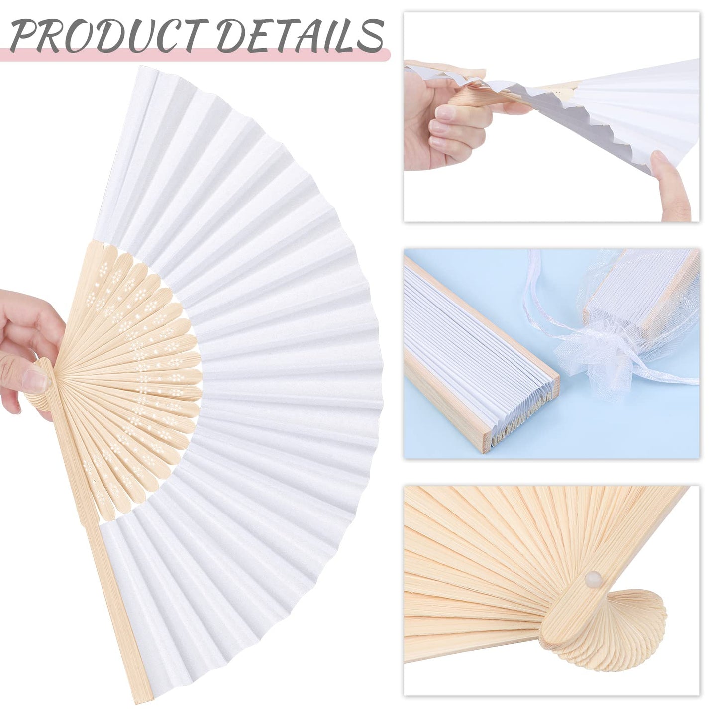 MCEAST 80 Pieces White Folding Paper Fans Wedding Fans Handheld Paper Fan White Bamboo Hand Fan Foldable Cool Favors with 80 Organza Bag for DIY Decor Wedding Party Favors Summer Guest