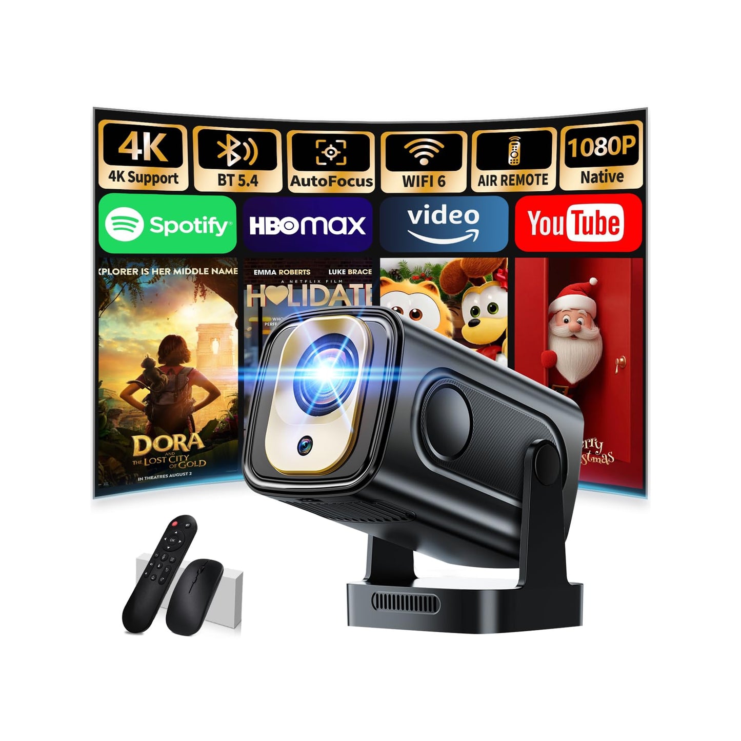 Projector [Auto Focus & Native 1080P & Built-in Apps] Mini Portable Projector 1080P, 4K Full HD with WiFi 6 & Bluetooth 5.4, Auto Focus & Keystone, 270° Rotatable, Compatible with Phone/HDMI/USB,Black