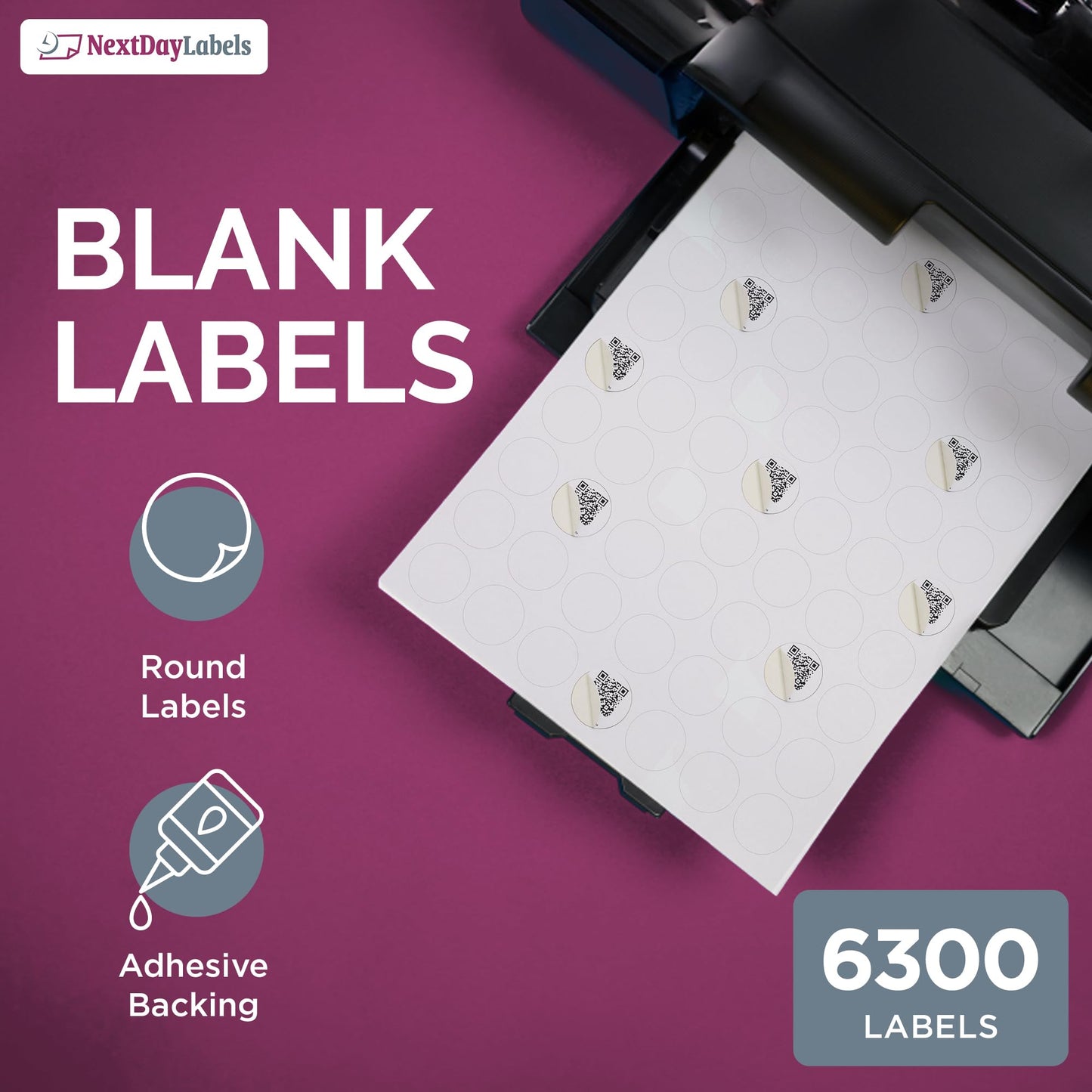 NextDayLabels - 1 Inch Round Labels - Round Sticker Labels for Printer - Matte White Blank Laser/Inkjet Printer Labels - Circle Stickers Printable Labels (100 Sheets, 63 Per Sheet, 6300 Labels)