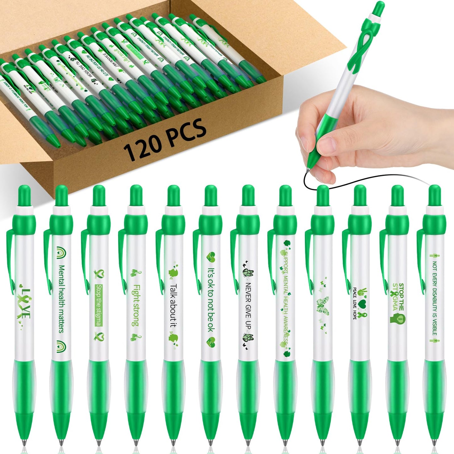 Ctosree 120 Pcs Mental Health Awareness Pens Gifts Bulk 12 Style Green Ribbon Retractable Gel Pens Black Ink Mental Health Awareness Accessories Favors Items for Office Charity Stuffers