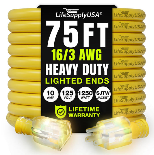75ft Outdoor/Indoor Extension Cord 16/3 Gauge Heavy Duty 3 Prong SJTW, Waterproof, Flexible Cold-Resistant Long Power Cord,10A 125V 1625W, Yellow by LifeSupplyUSA