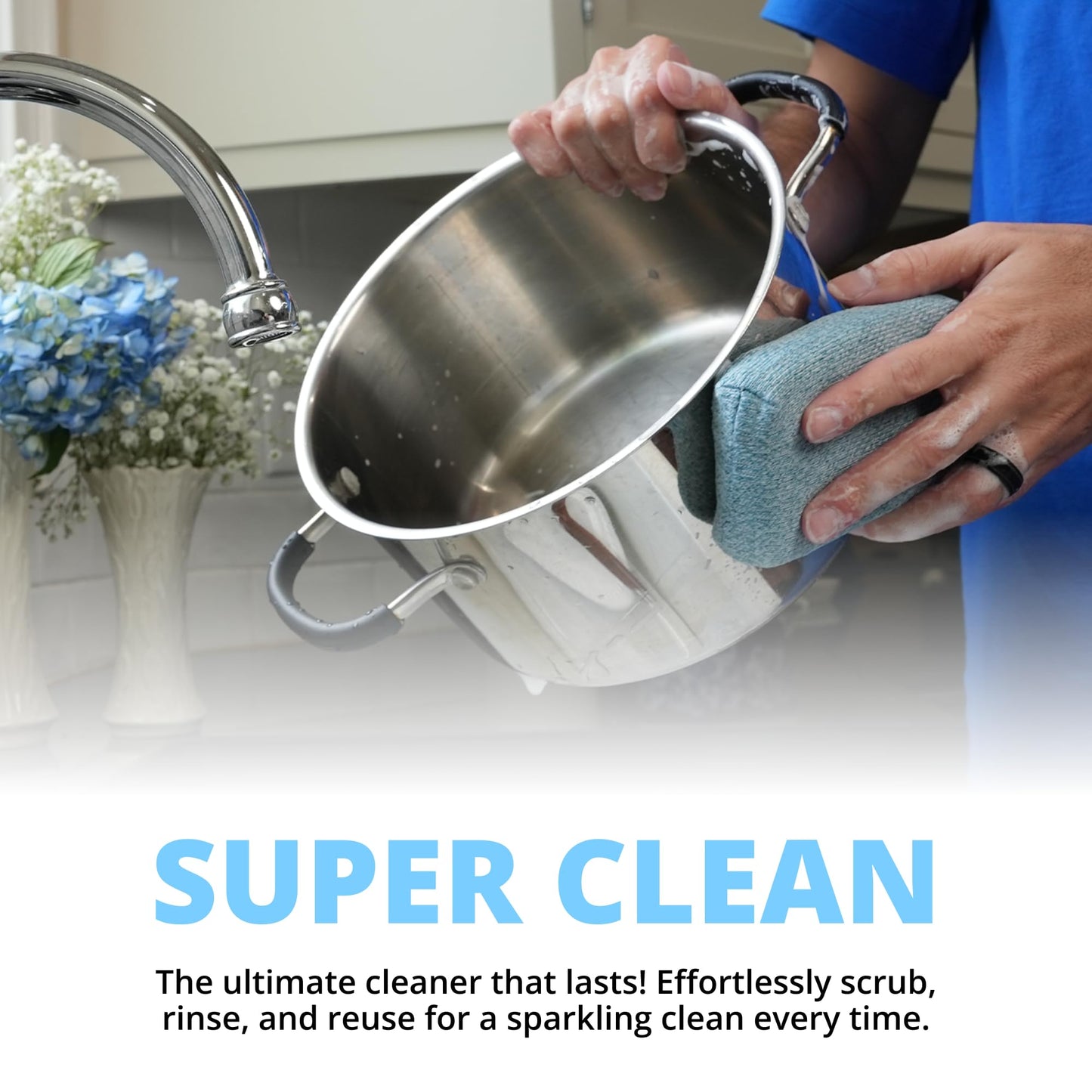 Grill Rescue Heavy Duty Kitchen Sponge - Lasts 20x Longer, Scratch-Free, Safe for Non-Stick Cookware - Cut Resistant, Versatile Household, Bathroom & Outdoor Cleaning Supplies (3, Blue)