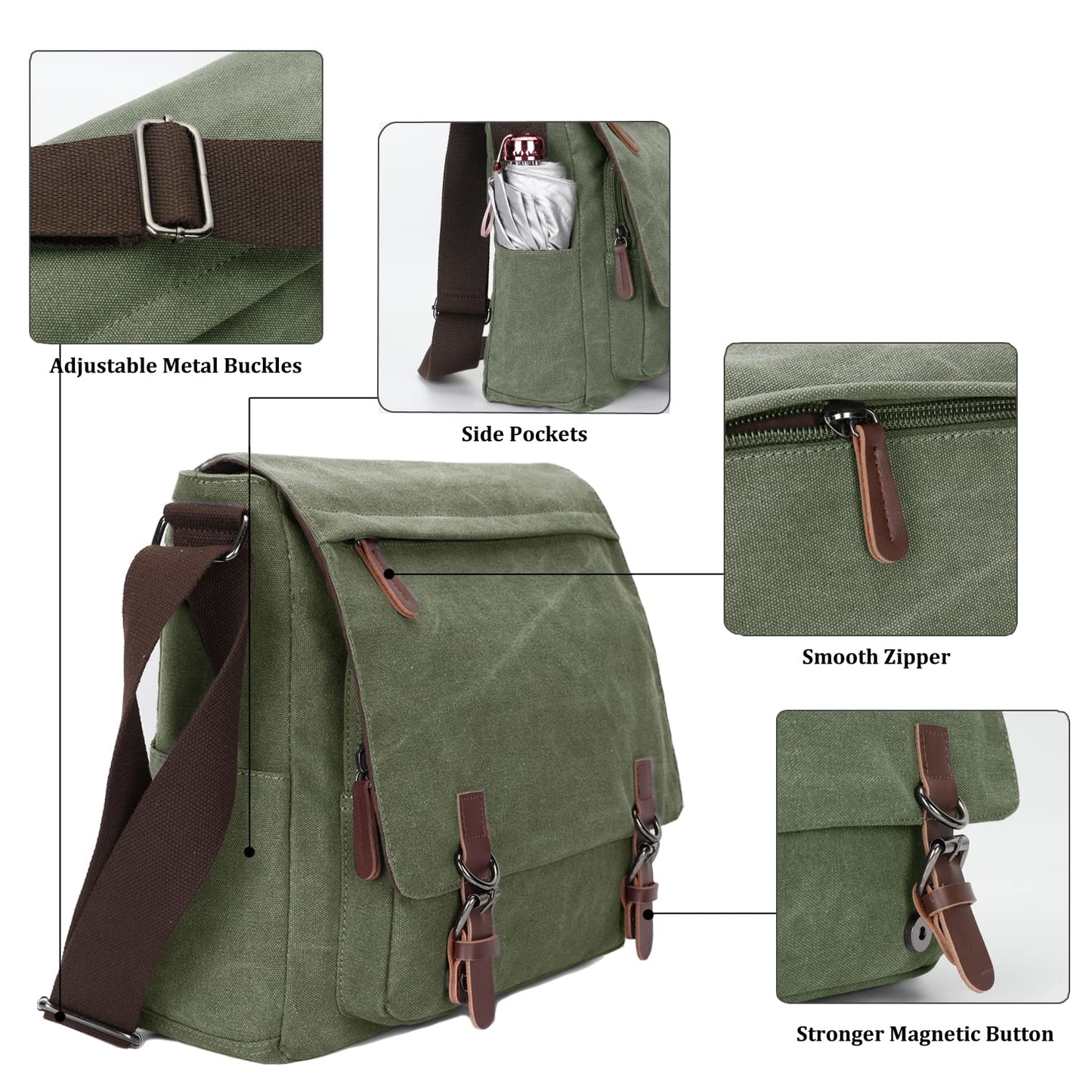 Vintage Messenger Bag 15.6 Inch Laptop for Men Women,Travel Crossbody Shoulder Purse Canvas Briefcase Work Office College (Green)