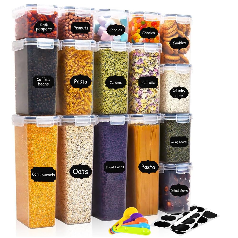 16Pcs Airtight Food Storage Container Set with Lids - Pantry Organization and Storage with Labels & Marker, BPA-Free Plastic Leak-proof Canisters for Kitchen Flour & Sugar Organizer