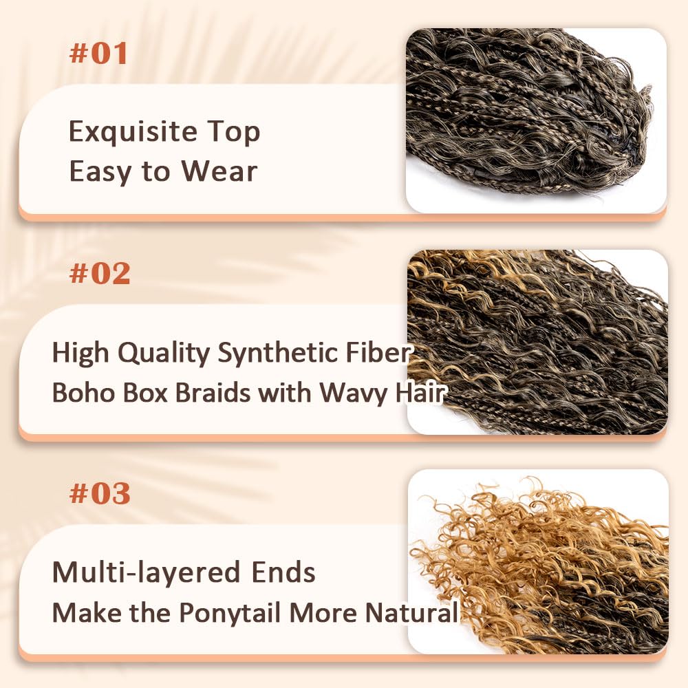 Lovenea Drawstring Ponytail for Women 24 inch Boho Braids with Long Wavy Hair Clip in Ponytail Extension Synthetic Hair Extensions Ponytail for Daily Use (T1B/27#, 24 Inch)