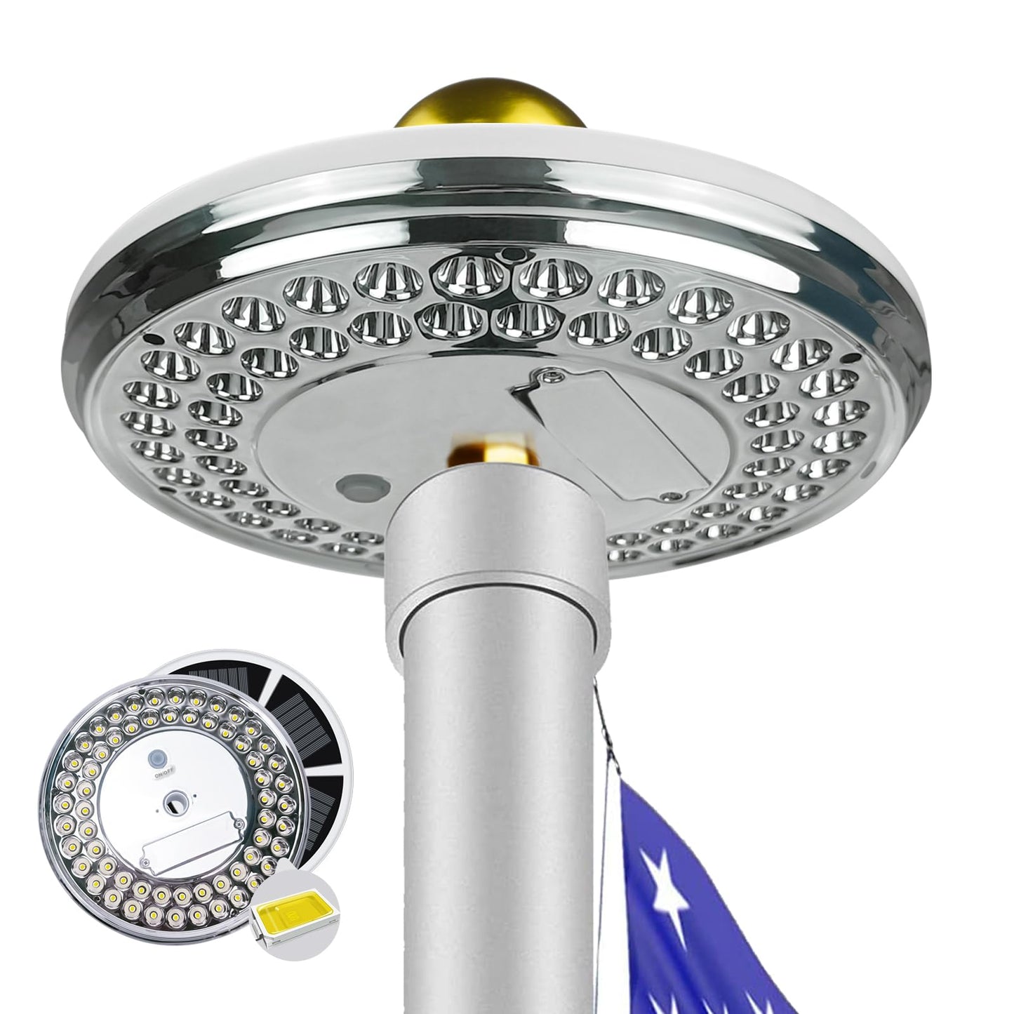 GULADUS Solar Flag Pole Light, 60 LEDs Flag Pole Light Solar Powered, 1800 Lumen, IP65 Waterproof, Dusk to Dawn, 100% Flag Coverage for 15 to 25Ft flagpoles, Deluxe Silver