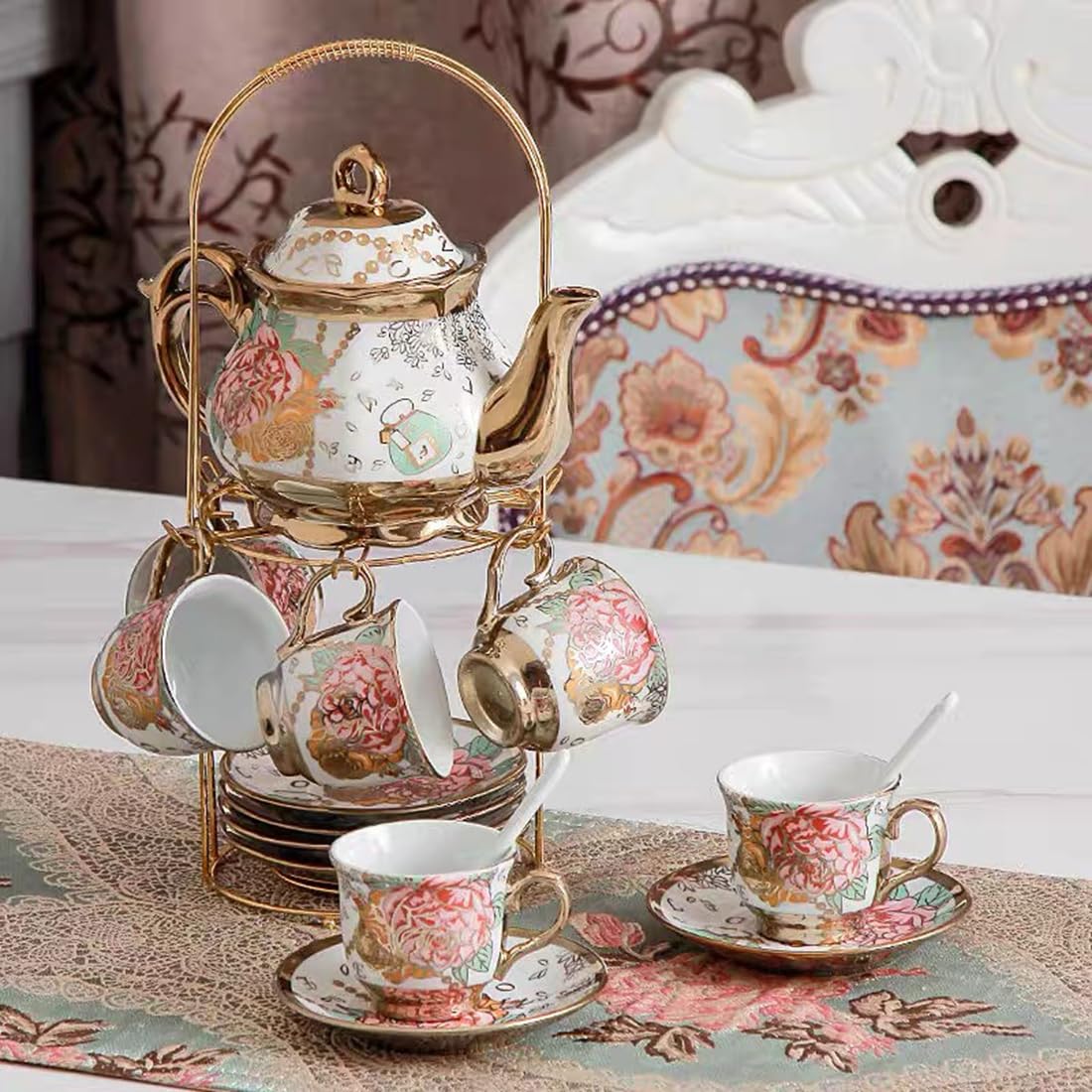 CHANJOON Tea Sets Gold Plated Red Rose Ceramic Tea Set, Vintage Teapot Tea Sets Beautiful Tea Set Coffee Serving 6 People (Golden, Large)