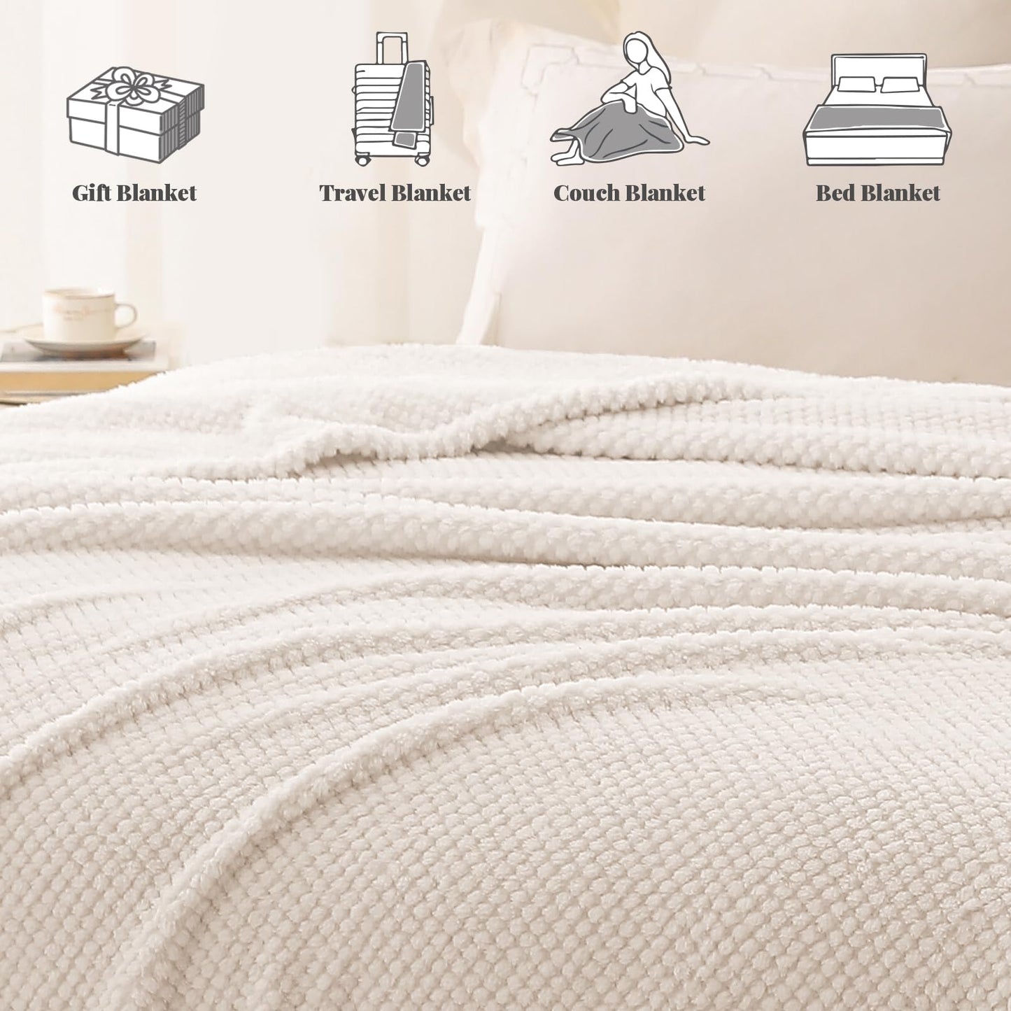 Whale Flotilla King Size Fuzzy Fleece Blanket for Bed, 90x104 Inch Fluffy Warm Soft Jacquard Blankets for All Season, Lightweight and Cozy, Ivory