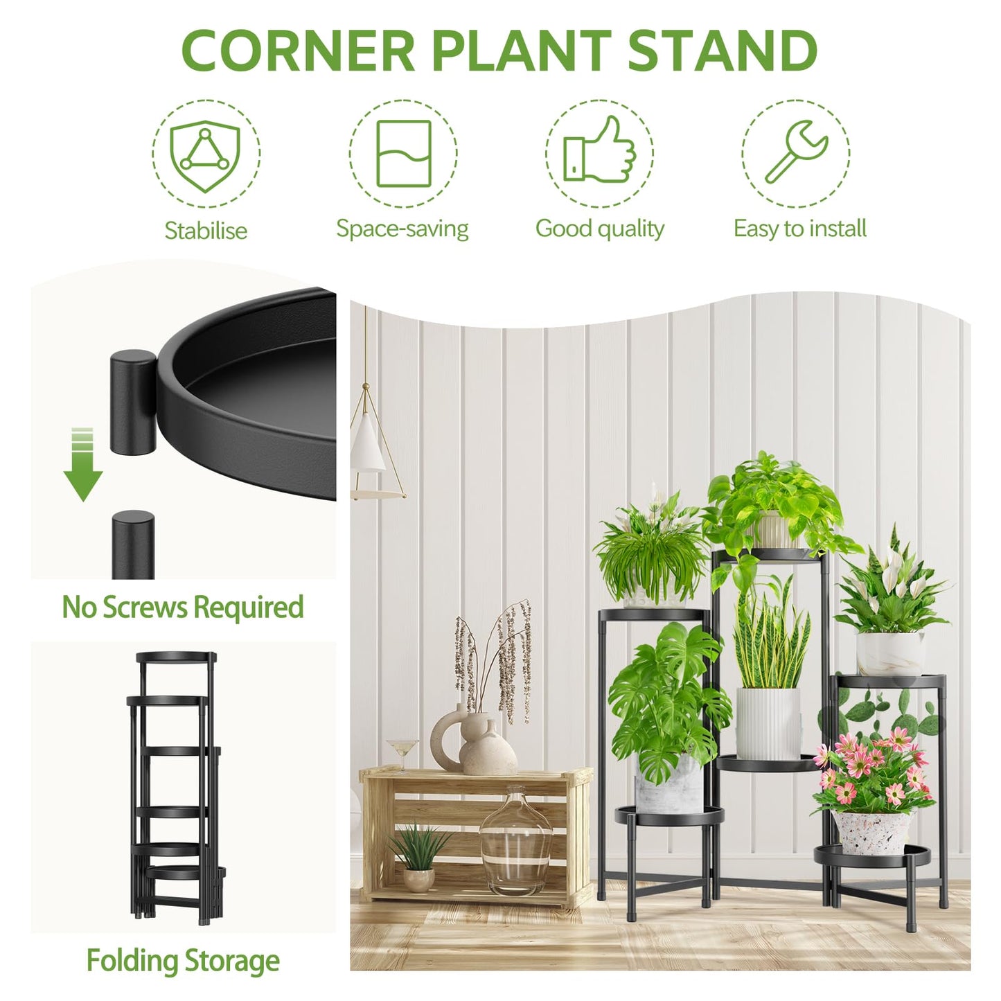iDavosic.ly 6 Tier Large Plant Stand Indoor, 10 Inch Wide Tall Corner Metal Plant Stands Outdoor for Multiple Plants, Folding Tiered Flower Display Holder Rack Shelf, Black