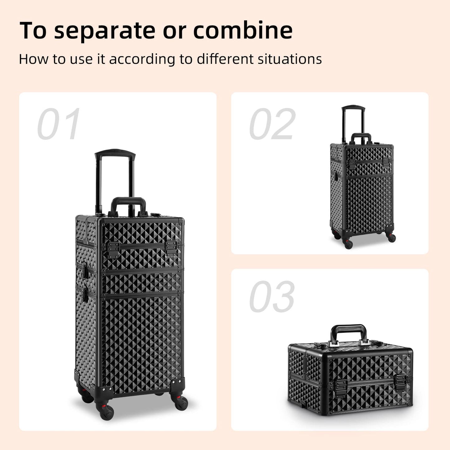 Somduy Rolling Makeup Case 3 in 1,Professional Makeup Train Case organizers,Large Storage Cosmetic case Trolley,Makeup Travel Case for Salon Barber, Bright Black, 3 layers, Fashion