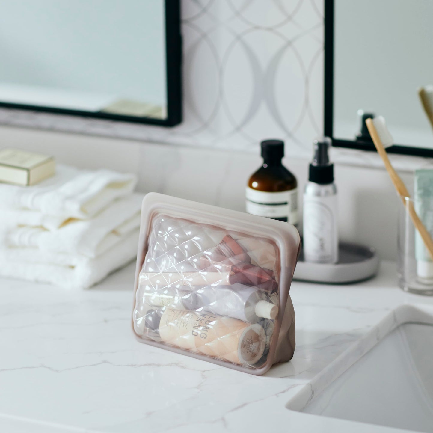 Stasher Premium Silicone Reusable Makeup Bags 3-Pack, Taupe, Beauty & Travel Toiletry Bag, Storage Bag Organizer, Dishwasher & Heat Safe, TSA Friendly, BPA Free, Leak-Free, Eco Friendly