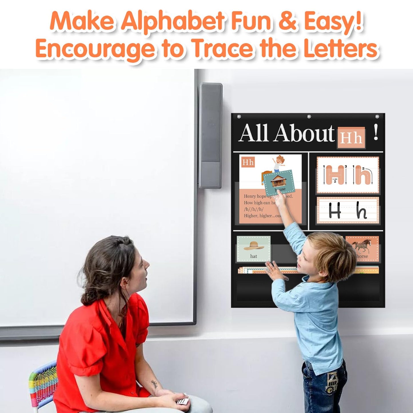 Boczif All About Alphabet Pocket Chart with ABC Flash Cards, Letter of The Day/Week Activity Wall-Provides Student Daily Practice in Learning The Alphabet, Chants, Word for Classroom Preschool