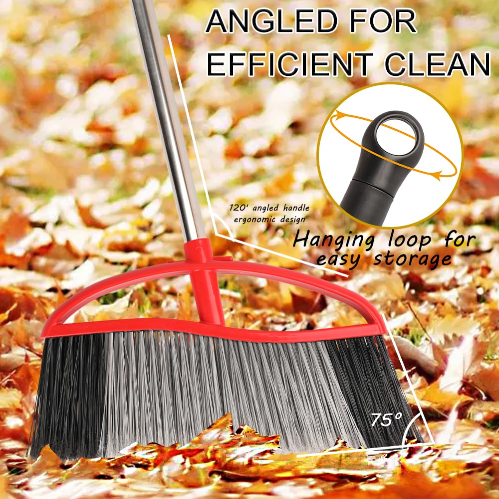 GLOYY Outdoor Broom, 15.7'' Wide Broom, Heavy Duty Broom with Long Handle, Angle Broom with Stiff Bristles, Sweeping Broom for Yard, Garden, Garage (Red)