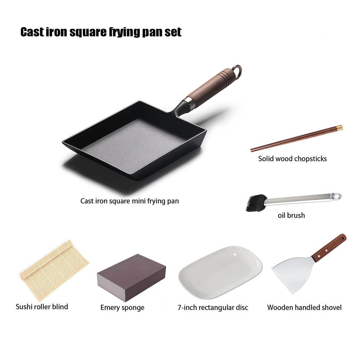 Tamagoyaki Japanese Omelette Pan Cast Iron Wooden Handle