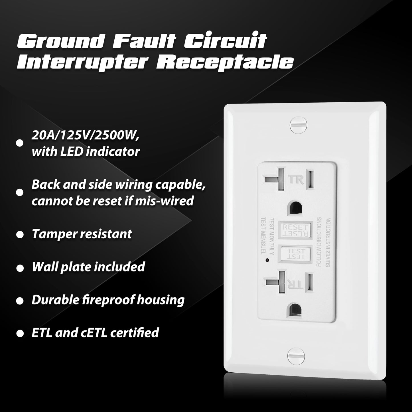 ELECTECK 3 Pack GFCI Outlets 20 Amp, Tamper Resistant (TR), Decor GFI Receptacles with LED Indicator, Ground Fault Circuit Interrupter, Decorative Wallplate Included, ETL Certified, White