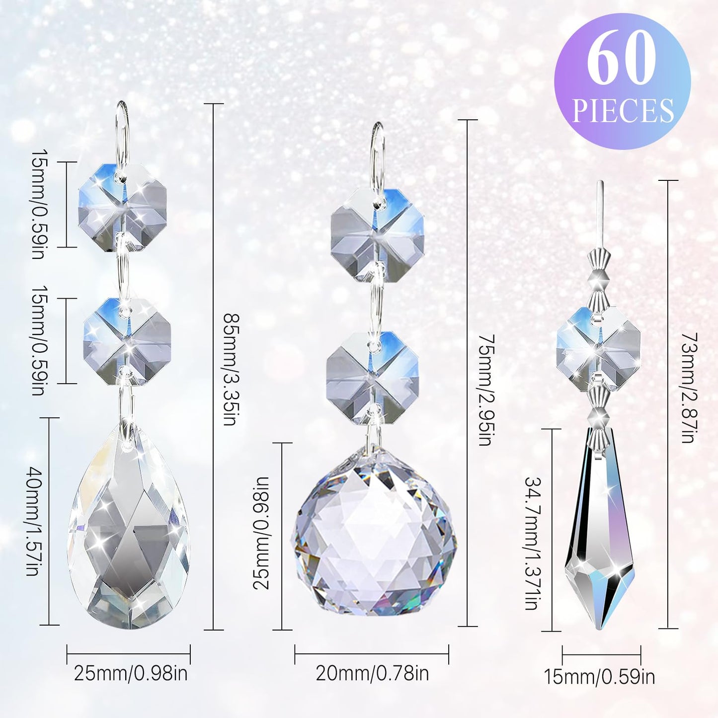 Worldity 60 Pack Chandelier Crystals Replacement, 40mm 20mm 13mm Prism Crystal Ball, Crystal Prisms for Chandeliers, Clear Crystals for Suncatchers Wedding Lamp Windows Christmas Tree Decoration