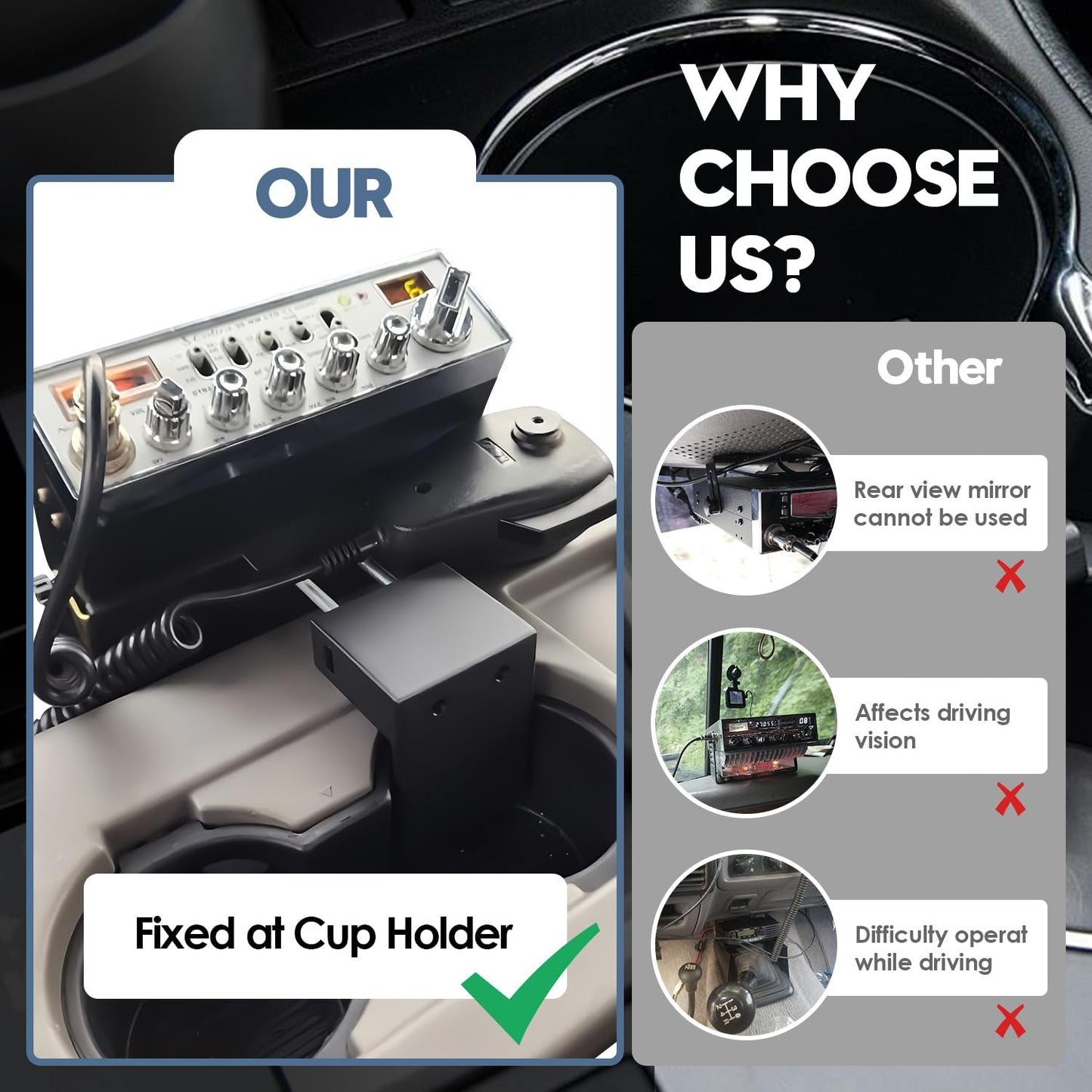 Upgrade Cup Holder RadioMount - Clamping Mount, Drinks Cup Holder Mount CB Radio Mounting Brackets Fit for Ham CB Pro Satellite Radio & All Universal 2 Hole fit AMPS Pattern mounting Device