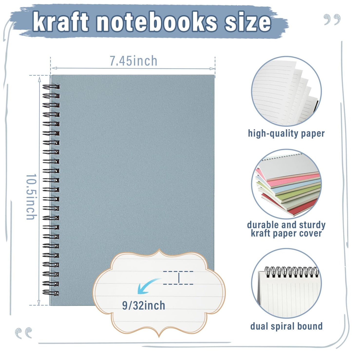 Fuutreo 6 Pack Spiral Notebooks 10.5 x 7.45 Inch College Ruled Journal with Kraft Cover, B5 70 Sheets (140 Pages) for Stundent Study and Office Use(Pastel)