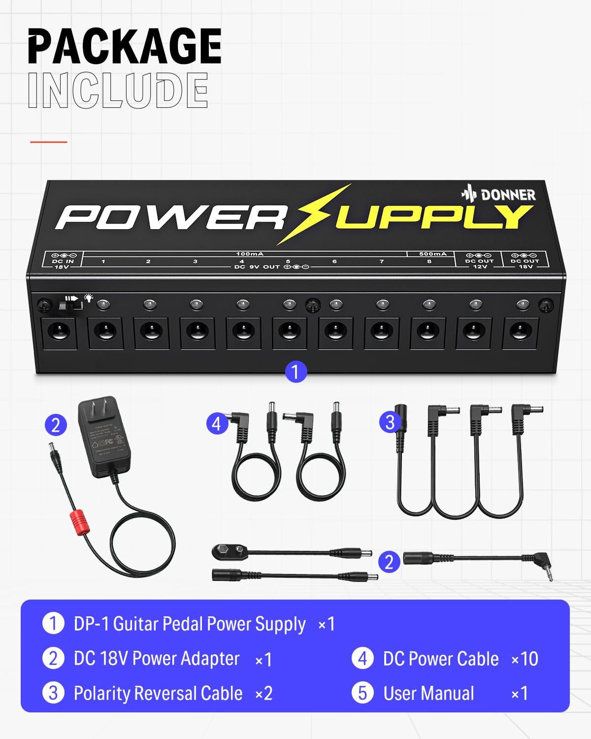 Donner DP-1 Effect Pedal Power Supply 10 Isolated DC Output for 9V/12V/18V Pedal With Blue LED Indicator