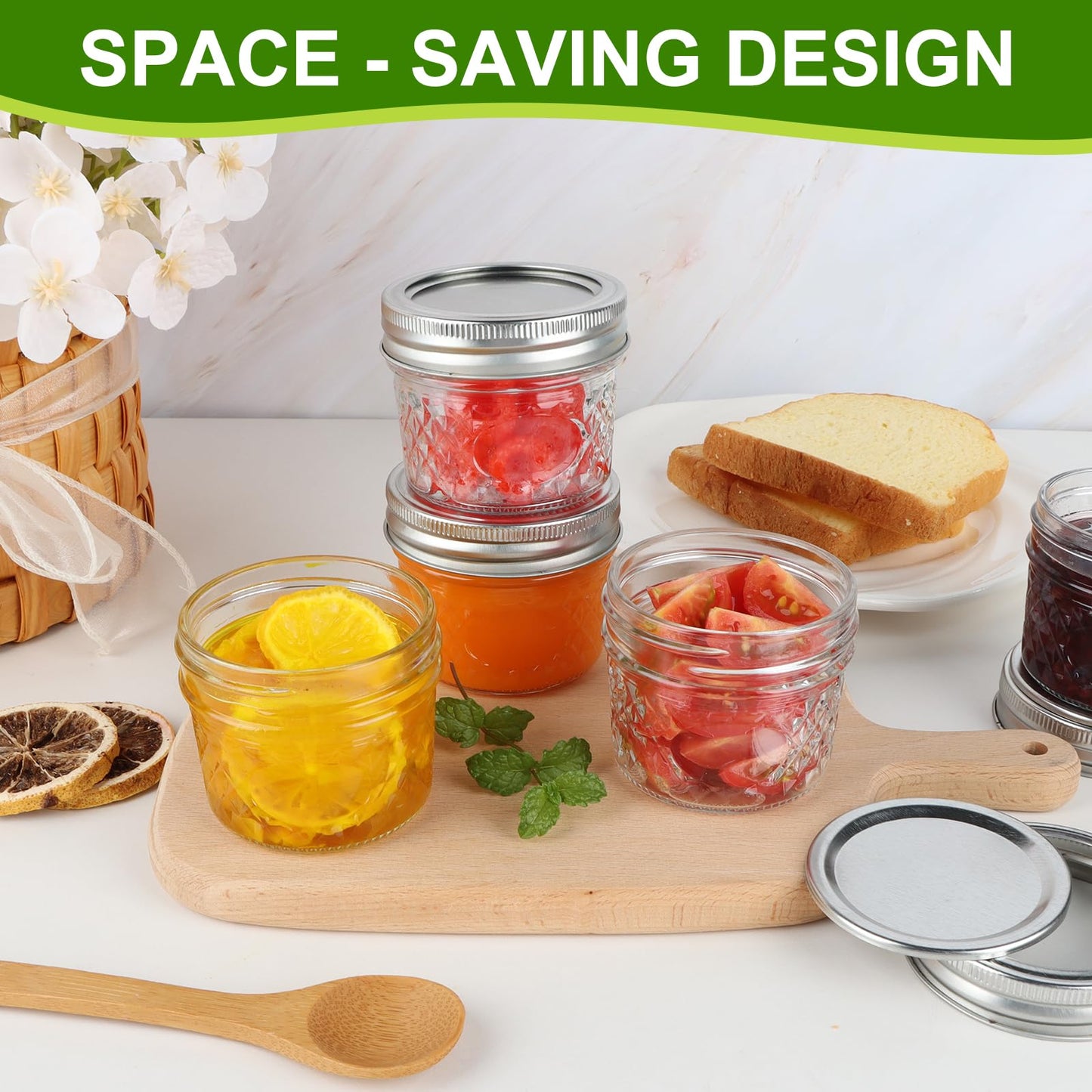 GUANENA 24 Pack 4 oz Mason Jars, Small Canning Jars with Regular Lids and Bands, Mini Glass Jars for Jam, Jelly, Honey, Spice, Wedding Favors, DIY Projects