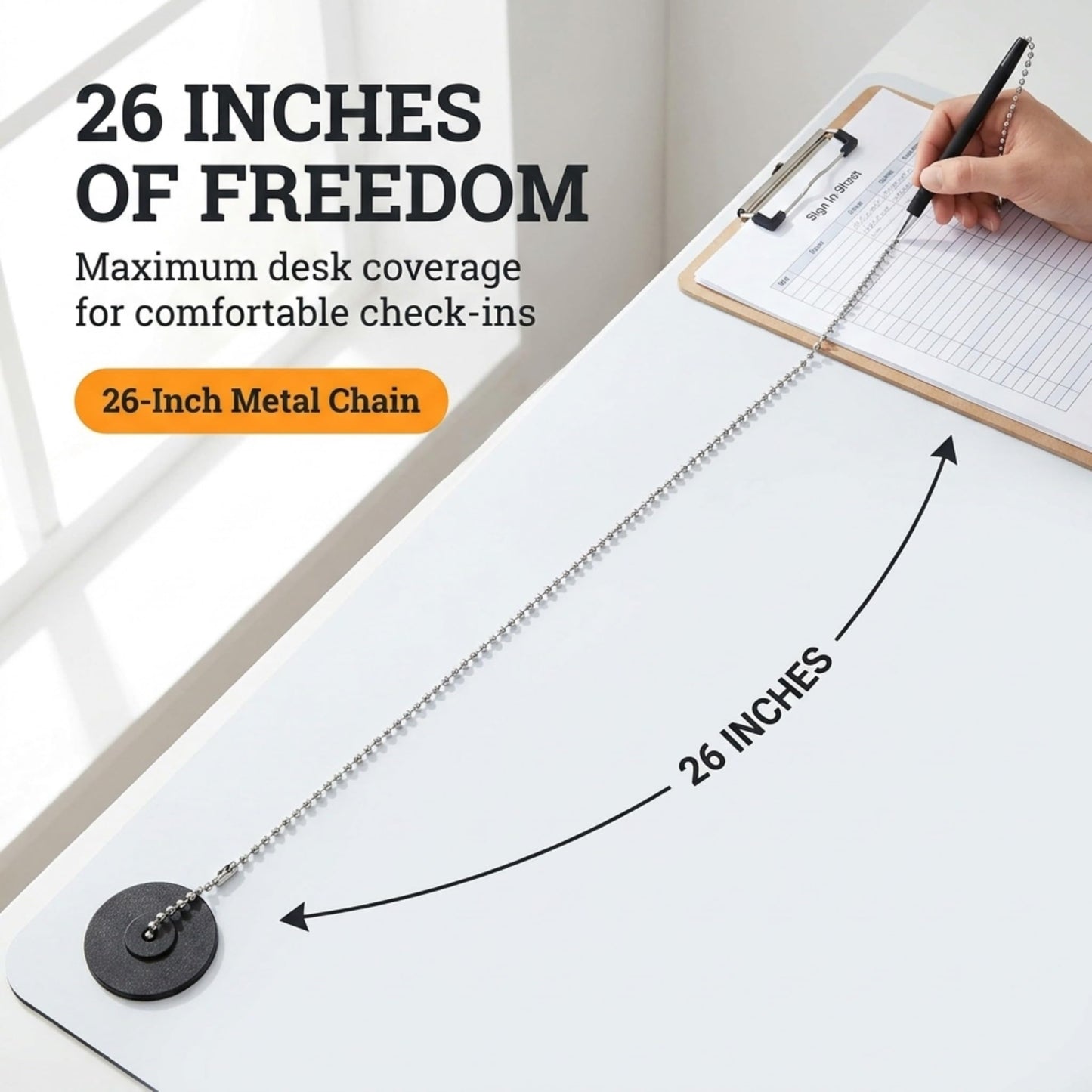 Office Werks 2 Pack of Secure Pens, Reception Counter Pen with 26" Chain Adhesive Holder, Includes 4 Black Ink Pens with Chain Attached Per Pack, (8 Pens Total) Easily Refillable Pens with Rubber Grip