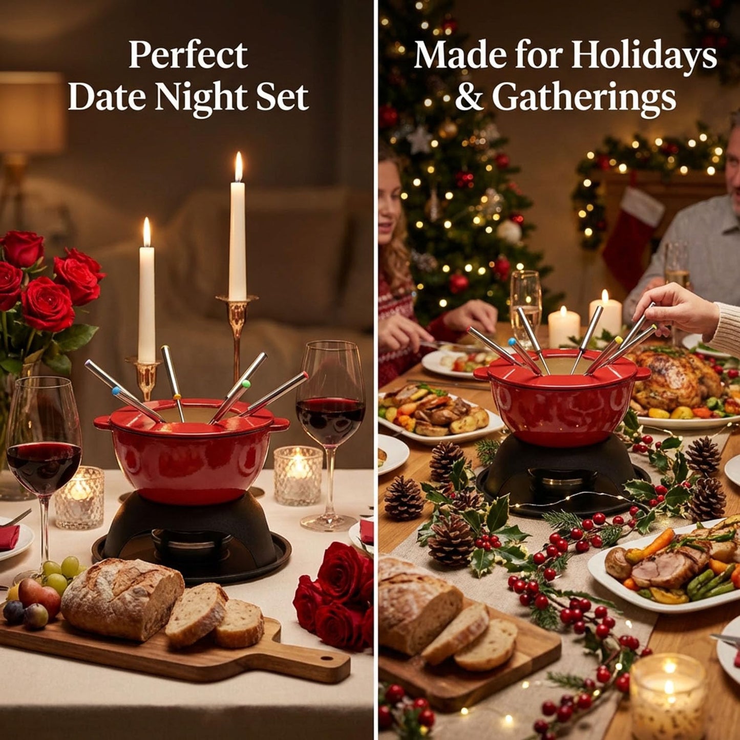Artestia Cast Iron Cheese Fondue Pot Set, 5-Cup Cheese & Chocolate Fondue Pot with Adjustable Burner and 6 Color-Coded Forks, Fondue Set for 4-6 People, Red