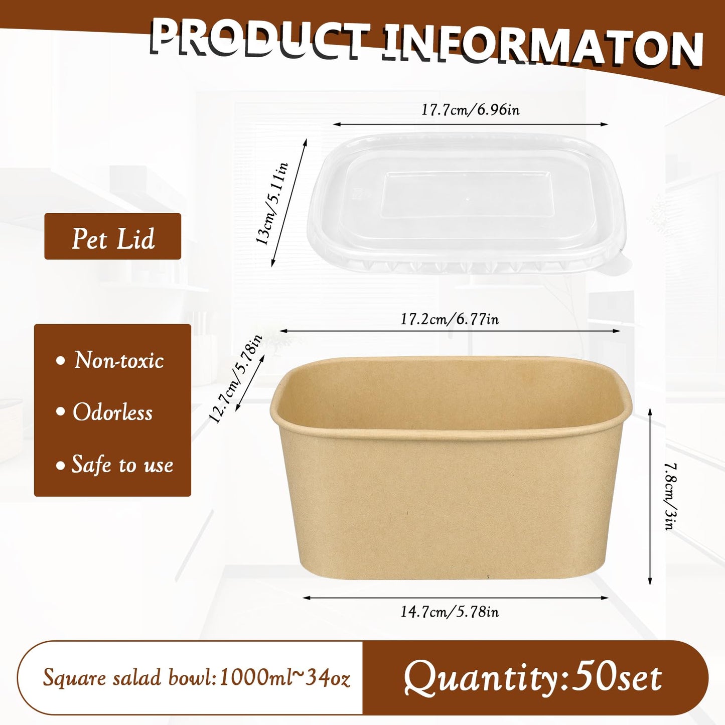 1000ml Disposable Paper Bowls with Lids, 50 Sets Large Kraft Paper Salad Bowls, Non-Spill Meal Prep Food Container for Restaurant Soup Noodle Hot Cold Takeout (33oz)