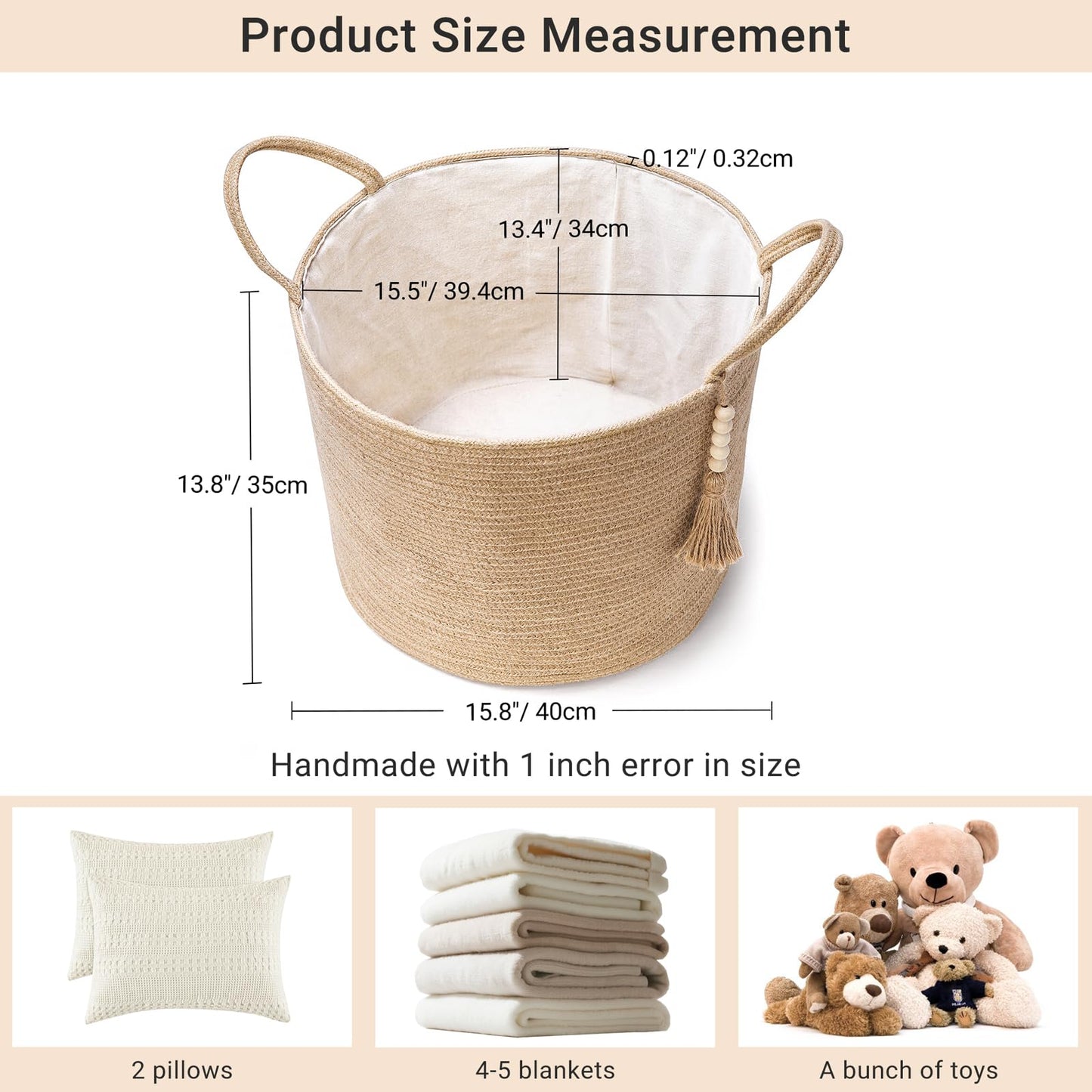 Mkono Woven Storage Basket Decorative Natural Rope Basket Wooden Bead Decoration for Blankets,Toys,Clothes,Shoes,Plant Organizer Bin with Handles Living Room Home Decor, Jute, 16" W × 13.8" L