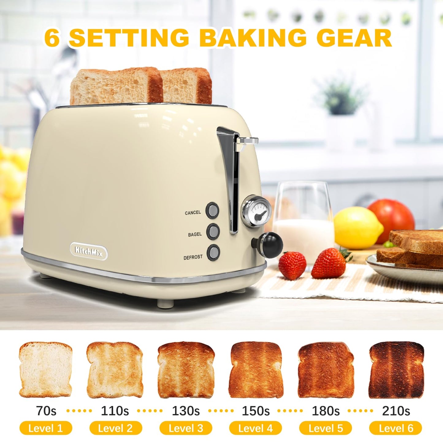 Toaster 2 slice, KitchMix Retro Stainless Steel Toaster with 6 Settings, 1.5 In Extra Wide Slots, Bagel/Defrost/Cancel Function, Removable Crumb Tray (Cream)