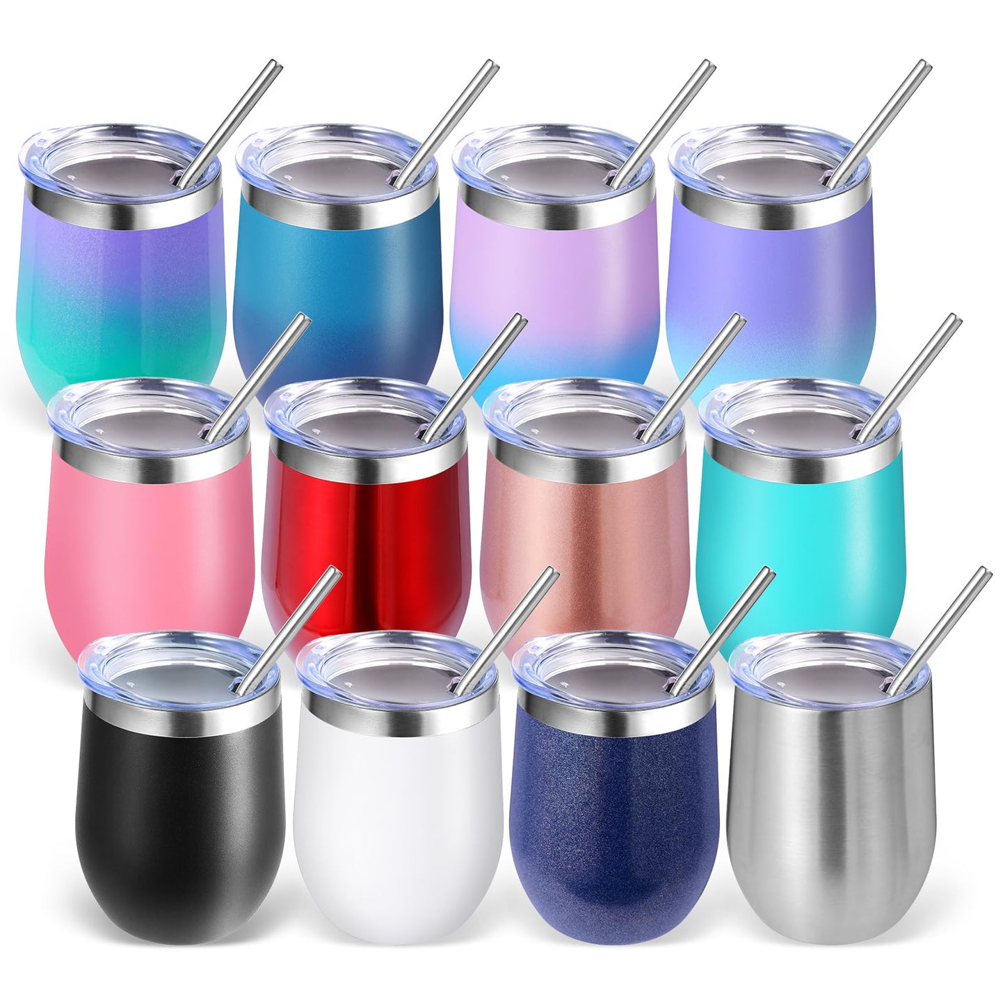 Volhoply 12oz Stainless Steel Wine Tumbler with Lid Bulk 12 Pack,Double Wall Vacuum Stemless Wine Glasses,Reusable Metal Travel Coffee Mug with Straw,Insulated Cups Gift for Christmas（Assorted,12 Set）