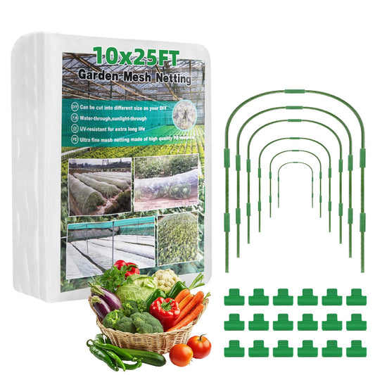 10x25ft Garden Mesh Netting Kit,Ultra Fine Netting with 6 Sets Fiberglass Garden Hoops for Raised Beds Vegetable Plants Strawberry Fruits Greenhouse Row Cover Birds Animals Barrier Protection Net