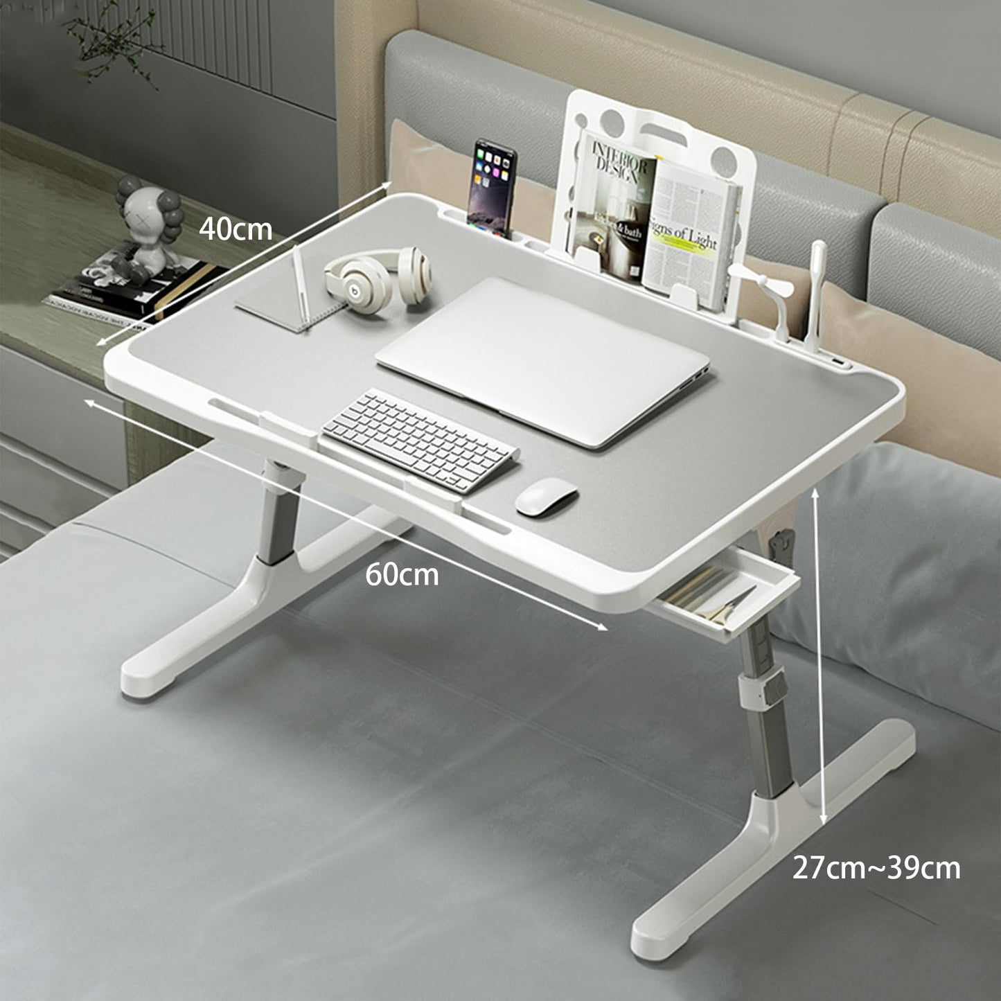 Laptop Desk for Bed, Adjustable Bed Table with USB Charge Port, Foldable Laptop Table with Storage Drawer, Portable Laptop Bed Desk Tray for Eating Working Writing Reading(Silver)